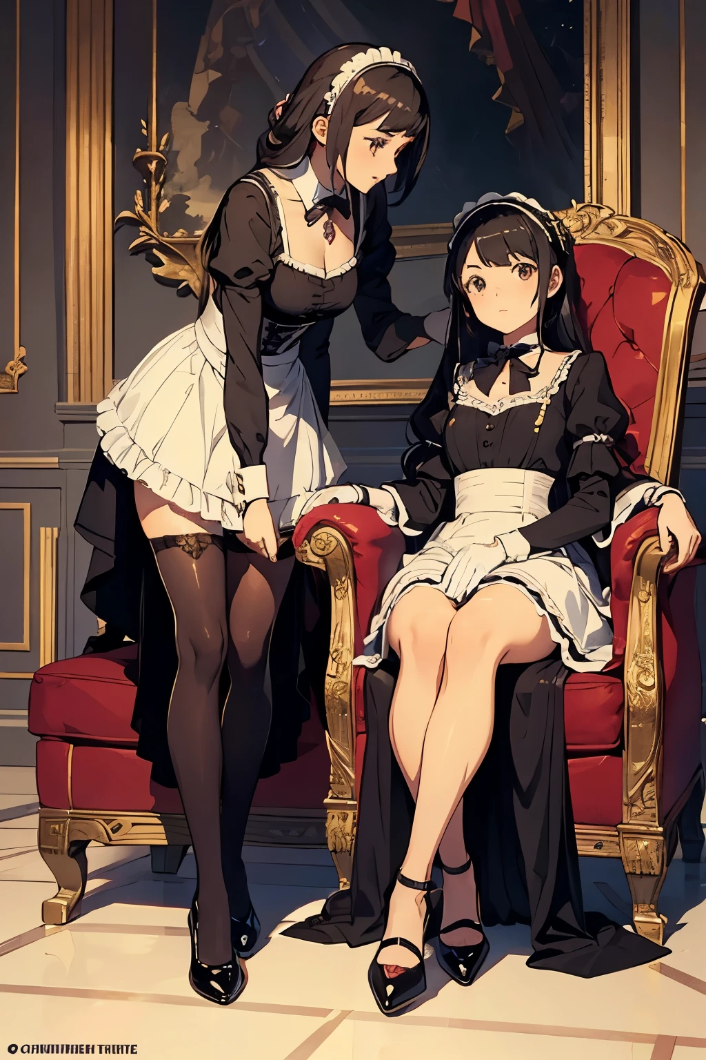 2 girls,Girls in maid outfits and girls in evening dresses,Commoner girls and noble girls,Poor but strong servant working hard,Rich and arrogant hostess enjoys in luxurious armchair,ilk gloves,Full body wrapped in silk,Perfect and delicate face,perfectly matched clothes,fine shoes,Fine clothing,A composition that reflects the difference in status between the two girls.,Light reflecting the difference in status between the two girls,The hostess sits high,And the maid kneels low