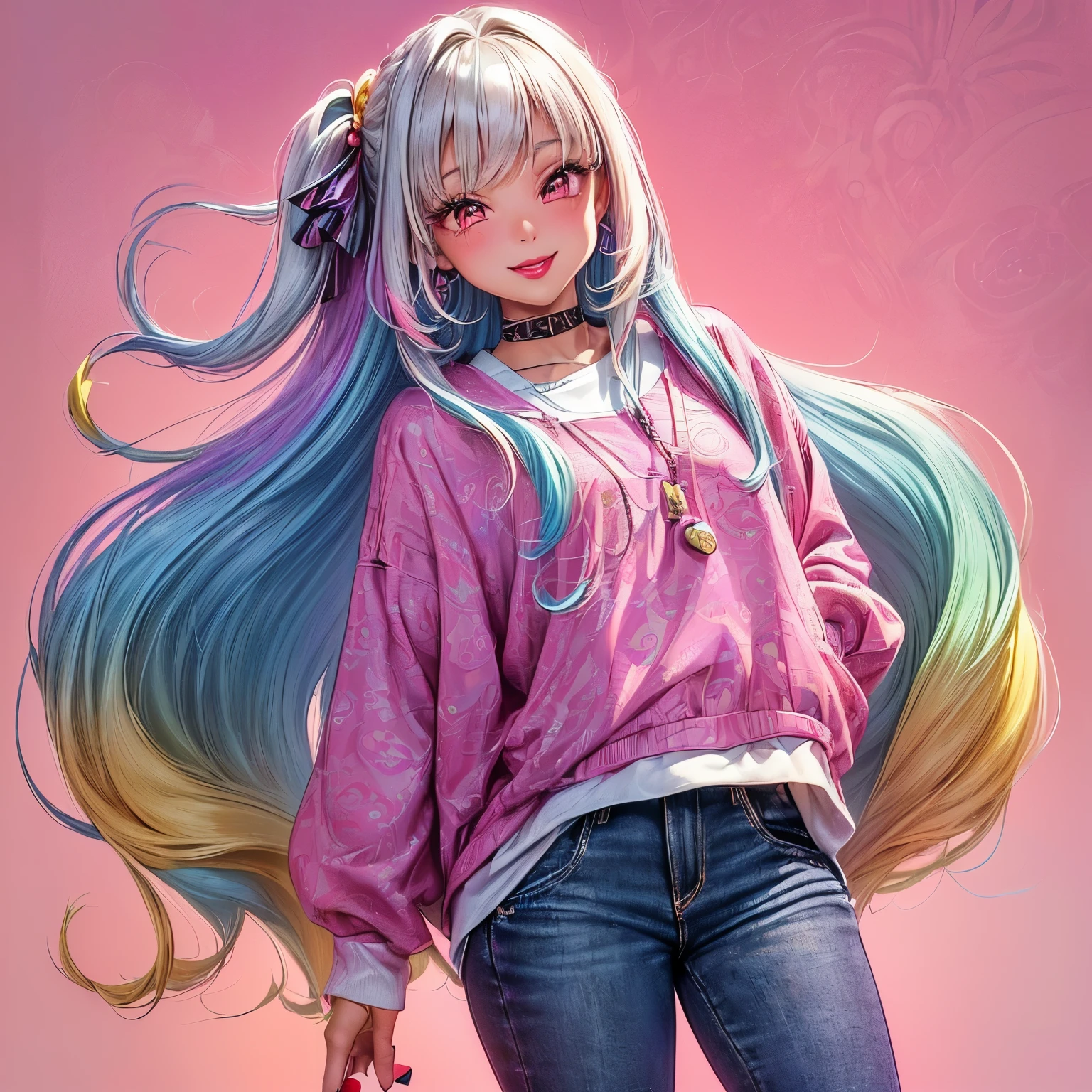 1girl, (((beautiful))), (((long loose silky hair, any colour hair))), (((any skin colour))), (((lipstick, any colour lipstick))), (((blush))), (((smile))), ((((casual 90's clothes, fashionable 90's attire, trendy style)))), (((stylish accessories))), (((colourful 90's background, any pattern)))
