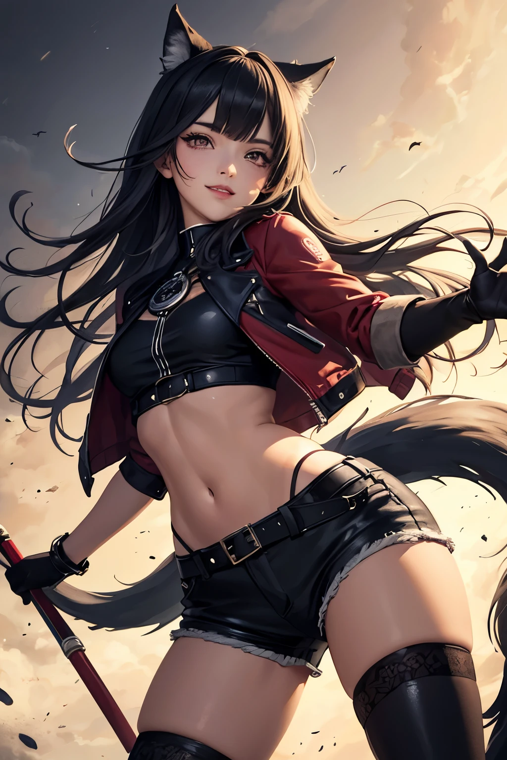((beste Qualität)), ((Meisterwerk)), (detailliert), perfektes Gesicht Wolfgirl,Wolftail,black thigh-highs,black boots,shorts,open jacket,crop top,thick thighs,red eyes,happy,illustration,detailed facial features,long eyelashes,playful expression,vibrant colors,dreamy lighting,Battlefield background,painted style,subtle color palette,fine brushstrokes