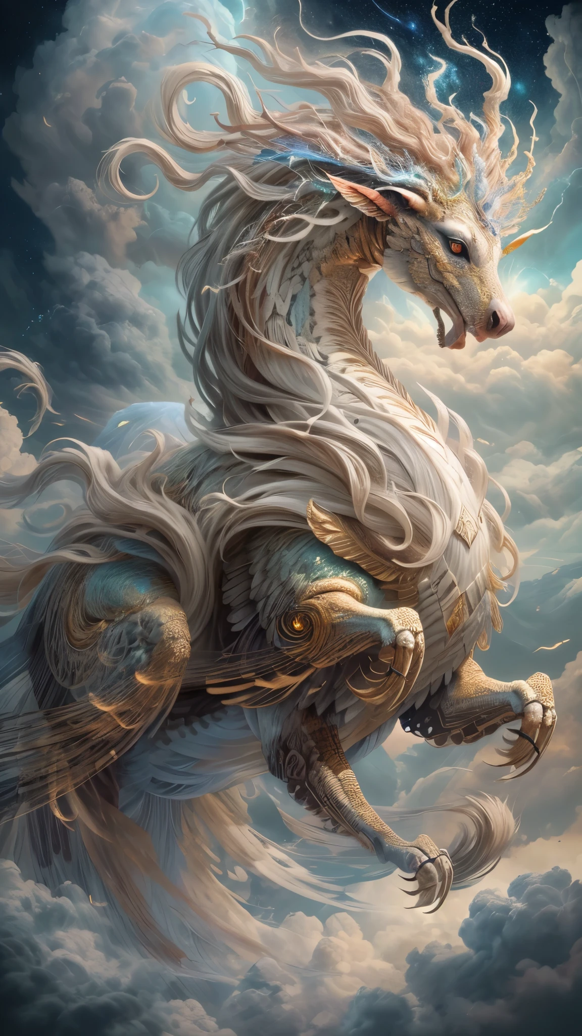 A celestial drama unfolded in the ethereal heavens as thick clouds formed an awe-inspiring spectacle. The billows weaved together, creating a wondrous creature of mythical lore. This captivating manifestation has become popular on Artstation, depicted with precise brushstrokes. The studio portrait reveals unrivaled intricacy and breathtaking detail. The creation is adorned with minuscule intricacies that are indescribable.