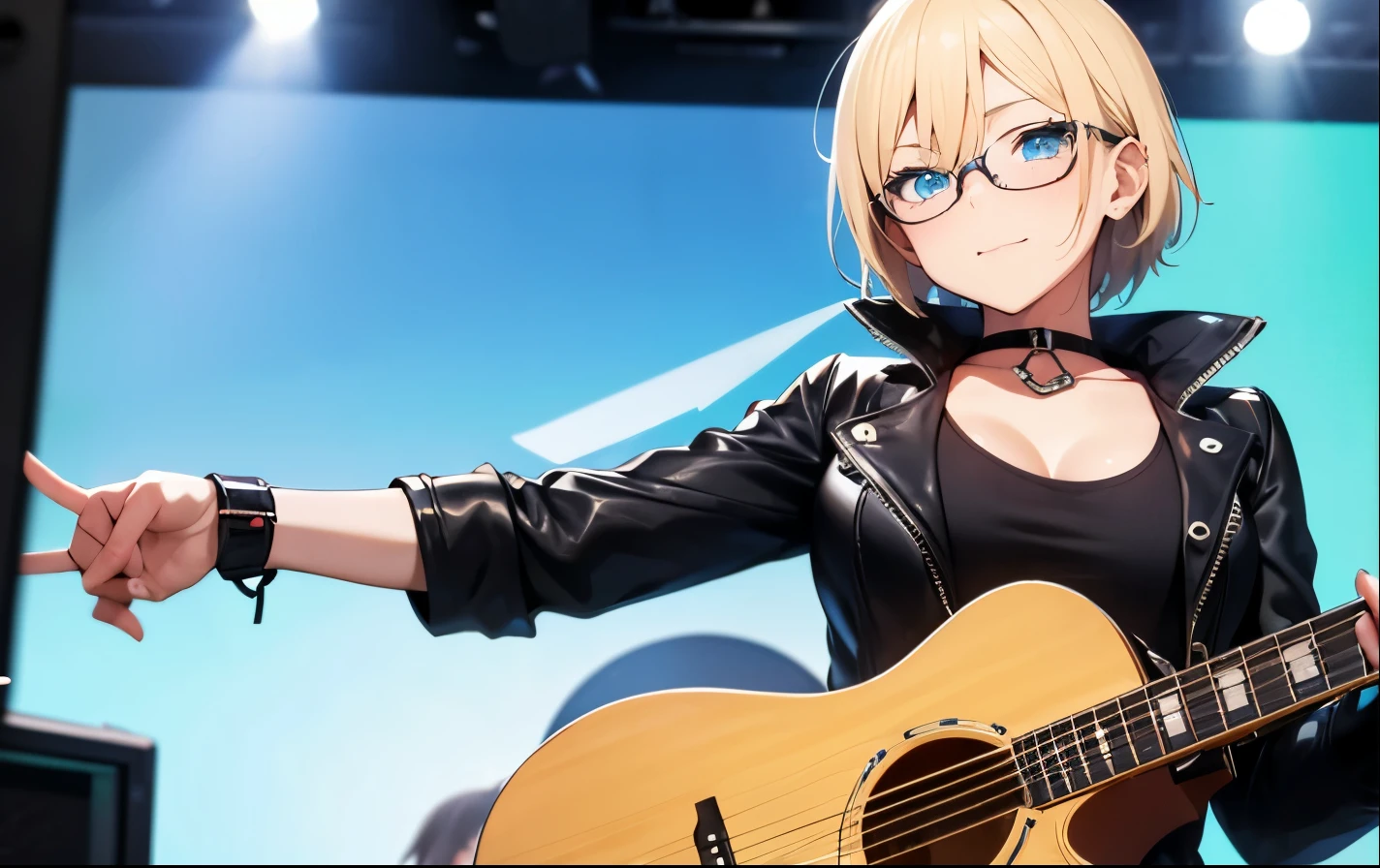 High resolution, 2D anime style,,blue eyes beautiful eyes,high and beautiful nose,thin face,blonde boyish short hair,Cool adult woman,Chest is slightly larger,she looks very happy,biting one's lips, she was very angry, she wears glasses,she narrows her eyes,Punk fashion that shows cleavage,she is wearing a leather jacket and shorts.,have a guitar,I'm playing guitar,In the studio