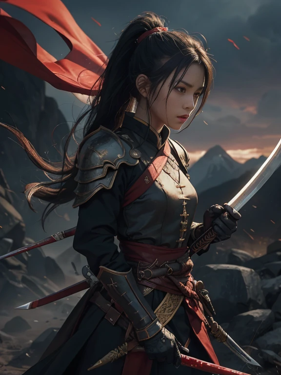 (in the dark: 1), (highest quality), (reality: 1), movie poster, realistic skin texture, very detailed, 8k wallpaper, volume lighting, dynamic lighting, girl, long black ponytail hair, black robe, red belt, small amount of armor, shoulder armor, waist guard, hand guard, veil, holding a long sword in front of you, Ancient Chinese style, short sword at waist, attack posture, bloodstains, broken clothes, ancient Chinese battlefield, a group of ancient soldiers chasing and killing, arrows flying, war is flying, night, dramatic composition, Sword qi surrounding, rich background details, war,