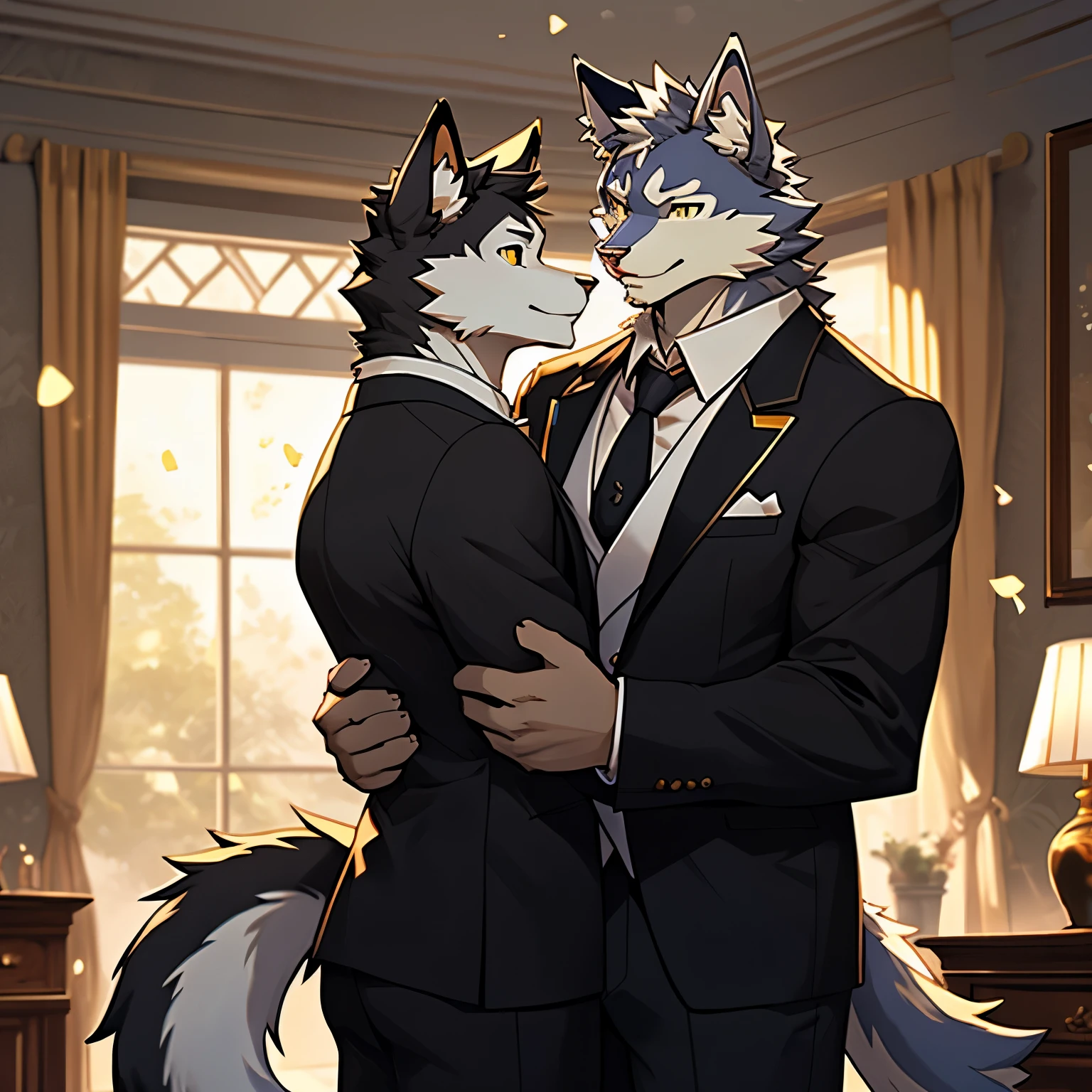 duo, kemono, (cat), anthro (cat), (yellow and white cat), seductive smile, richman suit anthro, male, anthro male (husky), anthro (husky), (gray husky), confused, tail, tall, handsome, butler suit, living room, depth of field, perfect lighting, (light particles),(best quality),(masterpiece),(ultra detailed),sharp focus, light particles, cute, living room background, fur, good looking, ((Cat hugging Husky)), awkward