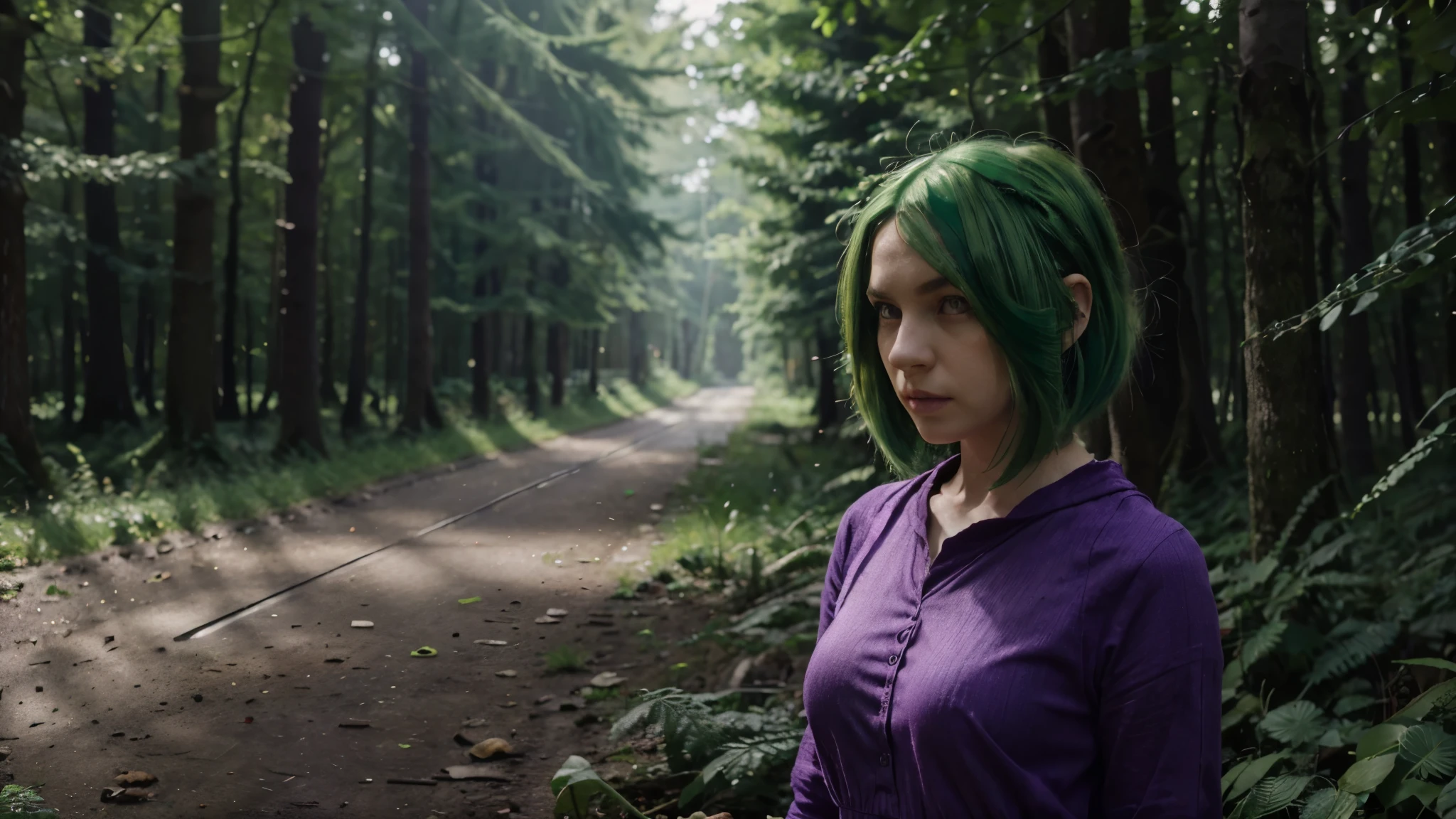 ratte867, 1girl, solo, (forest green hair:1.2), Asymmetrical haircut, (violet clothes:1.2) masterpiece, best quality, photorealistic, realistic, (RAW photo, 8k uhd, film grain), caustics, subsurface scattering