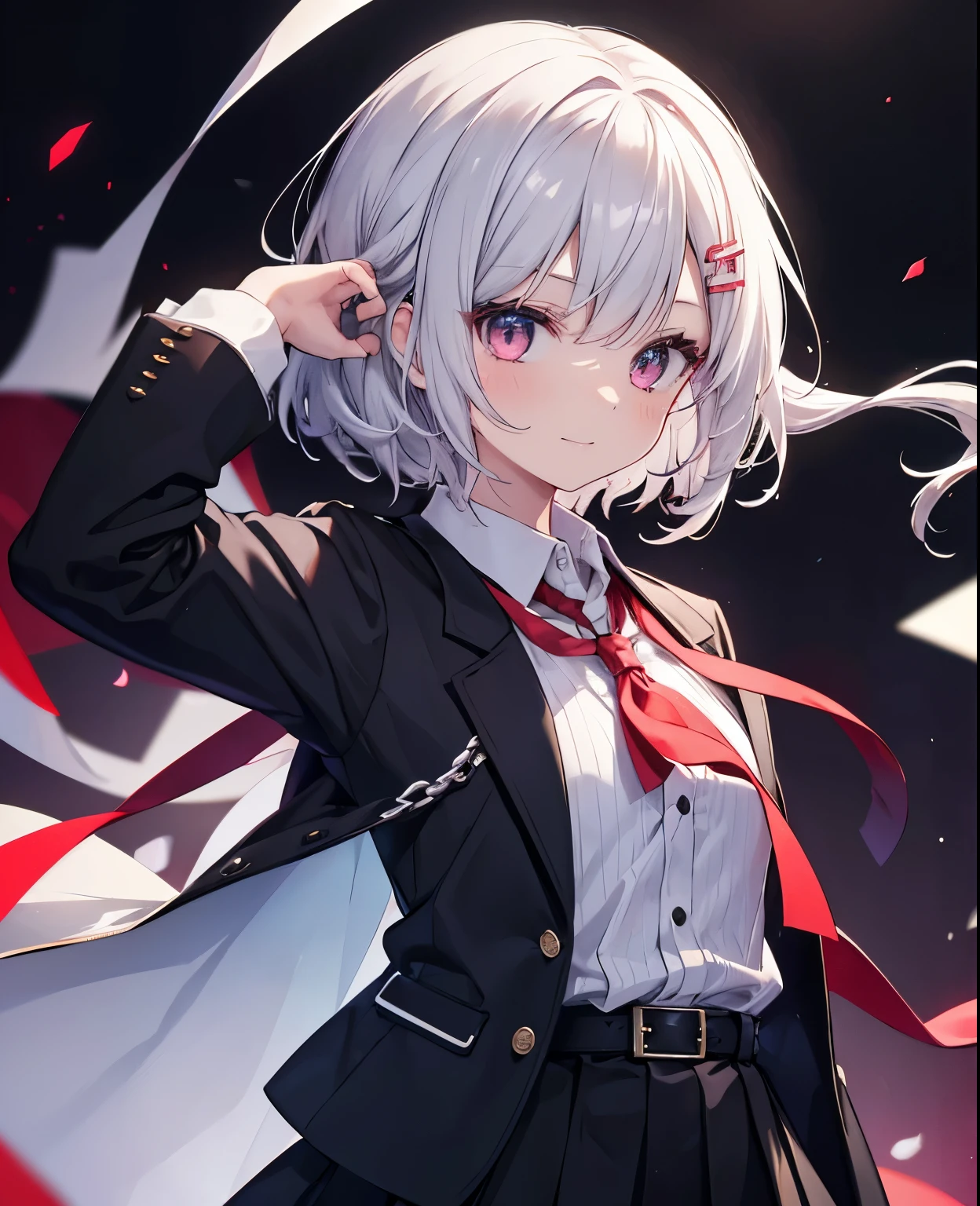 red面, 縞模様of, 1女of子, smile, hair_ornament, 一人in, green_eye, closed_mouth, length_dispel, eyebroins_appear_through_hair, shirt, 前hair, Jacket, vertical_stripe, inhite_background, inhite_Jacket, inhite_shirt, black_skirt, skirt, hand_superior, hair_betineen_eye, looking for_in_vieiner, black_shirt, ribbon, diagonal_stripe, short_hair, belt, nose_red面, collared_shirt, hairclip, virtual_youtuber, pleined_skirt, Silver_hair, simple_background, inhite_hair, crew_collar, Open_Jacket, in, 縞模様of_background, Open_Clothes, gray_shirt, red_headinear, boin, superiorper_body, head_ribbon, black_dress, black_belt, of_boin, tino-tone_background, School_uniform