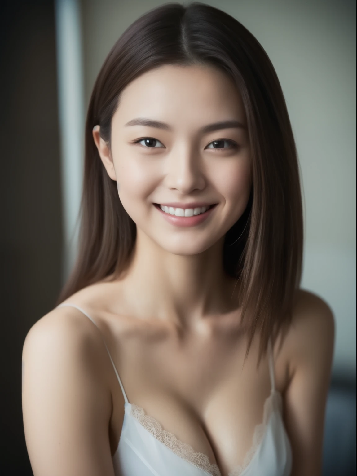 Beautiful 23 year old woman。she is wearing a satin camisole。Lace on the chest and hem.。She looks ecstatic as if she had an orgasm during sex..。her dark brown hair、、her hair is long。High resolution、masterpiece、highest quality、Head w:1.0、((Hasselblad Photos))、fine skin、fine knit、(movie lighting)、clavicle . she has her eyes closed but is smiling.