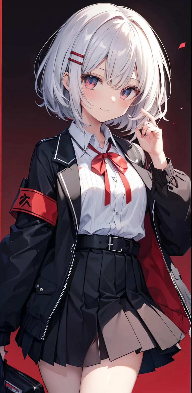 red面, 縞模様of, 1女of子, smile, hair_ornament, 一人in, green_eye, closed_mouth, length_dispel, eyebroins_appear_through_hair, shirt, 前hair, Jacket, vertical_stripe, inhite_background, inhite_Jacket, inhite_shirt, black_skirt, skirt, hand_superior, hair_betineen_eye, looking for_in_vieiner, black_shirt, ribbon, diagonal_stripe, short_hair, belt, nose_red面, collared_shirt, hairclip, virtual_youtuber, pleined_skirt, Silver_hair, simple_background, inhite_hair, crew_collar, Open_Jacket, in, 縞模様of_background, Open_Clothes, gray_shirt, red_headinear, boin, superiorper_body, head_ribbon, black_dress, black_belt, of_boin, tino-tone_background, School_uniform