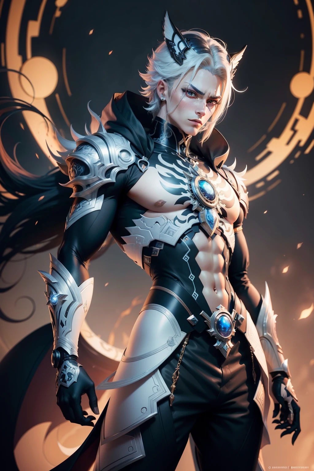 um close-up frontal de um homem com uma roupa preta e branca, 8k arte detalhada de alta qualidade, arte de anime digital detalhada, cute biomechanical Djinn, Keqing por Genshin Impact, intrincado estilo de anime cgi ornamentado, fanart requintada altamente detalhada, epic exquisite character art, estilo cara, arte detalhada de personagem de anime, anime foda 8k, arte detalhada de anime