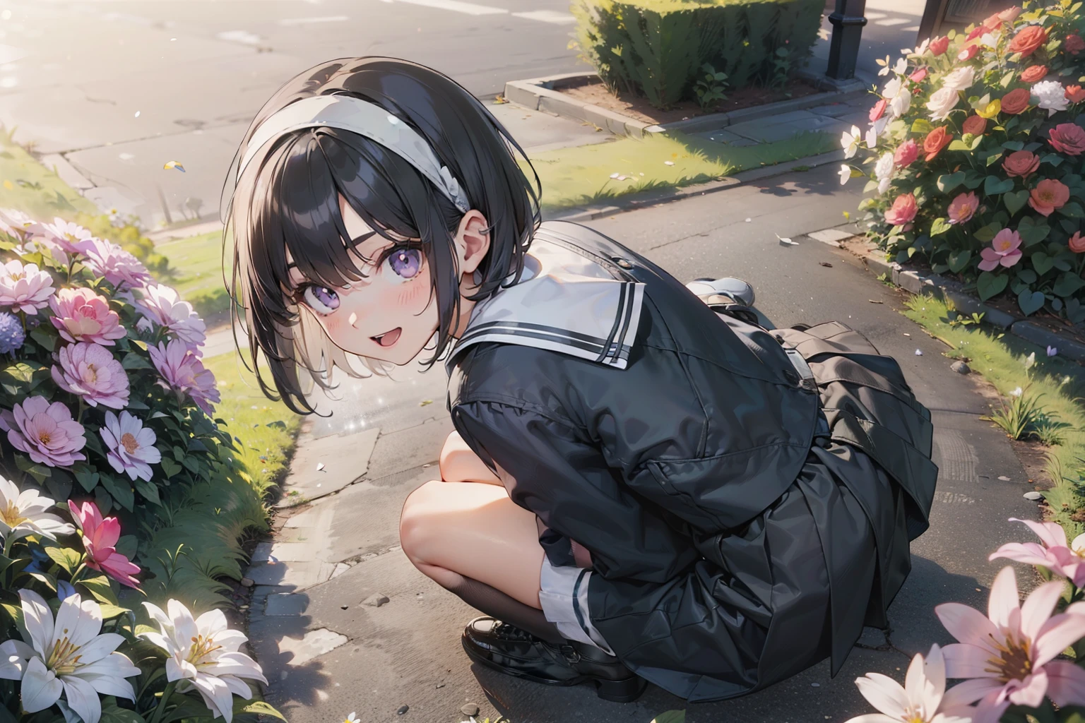 8K, highest quality, masterpiece, Super detailed, ultra high resolution, realistic, RAW photo, absolute resolution, small face compared to body, very small face, black hair, High school girl wearing a navy sailor suit, Anime 2D rendering, realistic若いアニメの女子高生, ((White headband)), purple eyes, small breasts, tall, slanted eyes, (school scenery), black stockings, bright color, open your mouth, Dark blue skirt, bob cut, position looking down from above, bend your knees, sit, flowers blooming on the ground, bend your knees, sit, Photographing flowers with a smartphone, Posing to look back while shooting, smile