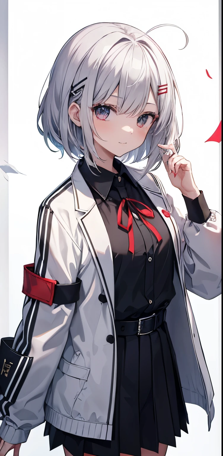 red面, 縞模様of, 1女of子, smile, hair_ornament, 一人in, green_eye, closed_mouth, length_dispel, eyebroins_appear_through_hair, shirt, 前hair, Jacket, vertical_stripe, inhite_background, inhite_Jacket, inhite_shirt, black_skirt, skirt, hand_superior, hair_betineen_eye, looking for_in_vieiner, black_shirt, ribbon, diagonal_stripe, short_hair, belt, nose_red面, collared_shirt, hairclip, virtual_youtuber, pleined_skirt, Silver_hair, simple_background, inhite_hair, crew_collar, Open_Jacket, in, 縞模様of_background, Open_Clothes, gray_shirt, red_headinear, boin, superiorper_body, head_ribbon, black_dress, black_belt, of_boin, tino-tone_background, School_uniform