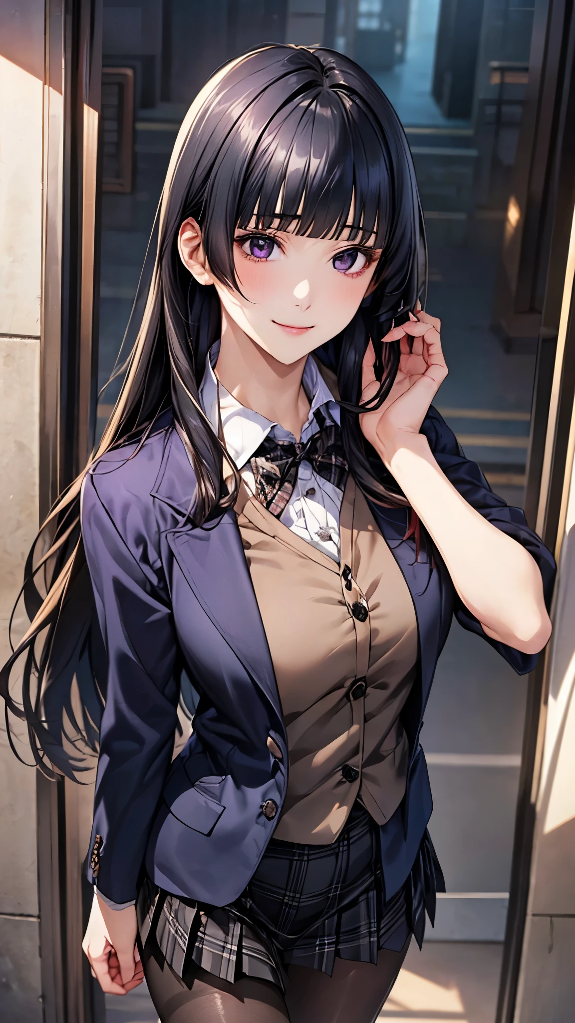 (masterpiece:1.2, top-quality), (realistic, photorealistic:1.4), beautiful illustration, (natural side lighting, movie lighting),
looking down at viewer, from below:1.2, 1 girl, japanese, high school girl, perfect face, cute and symmetrical face, shiny skin, face,
(long hair, hime style, hime cut, black hair), blunt bangs, brown eyes, big eyes, (middle breasts, seductive thighs, big ass),
beautiful hair, beautiful face, beautiful detailed eyes, beautiful clavicle, beautiful body, beautiful chest, beautiful thigh, beautiful legs, beautiful fingers, five fingers,
(((dark purple blazer, close clothes), white collared shirt, black plaid pleated miniskirt, dark red plaid bow tie), black pantyhose),
(beautiful scenery), evening, (shopping mall), walking, (lovly smile, upper eyes),