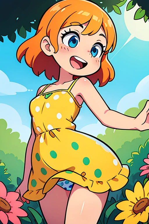 "(best quality, high-res:1.2), detailed , joyful expression, colorful dress, polka dot panties, playful pose, sunny garden background, vivid colors, soft lighting, children's illustration style"