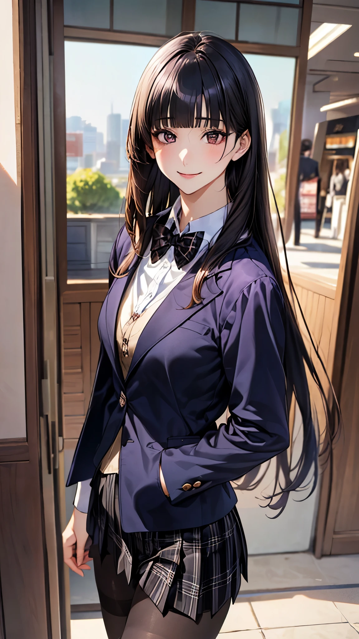 (masterpiece:1.2, top-quality), (realistic, photorealistic:1.4), beautiful illustration, (natural side lighting, movie lighting),
looking down at viewer, from below:1.2, 1 girl, japanese, high school girl, perfect face, cute and symmetrical face, shiny skin, babyface,
(long hair, hime style, hime cut, black hair), blunt bangs, brown eyes, big eyes, (middle breasts, seductive thighs, big ass),
beautiful hair, beautiful face, beautiful detailed eyes, beautiful clavicle, beautiful body, beautiful chest, beautiful thigh, beautiful legs, beautiful fingers, five fingers,
(((dark purple blazer, close clothes), white collared shirt, black plaid pleated miniskirt, dark red plaid bow tie), black pantyhose),
(beautiful scenery), evening, (shopping mall), walking, (lovly smile, upper eyes),