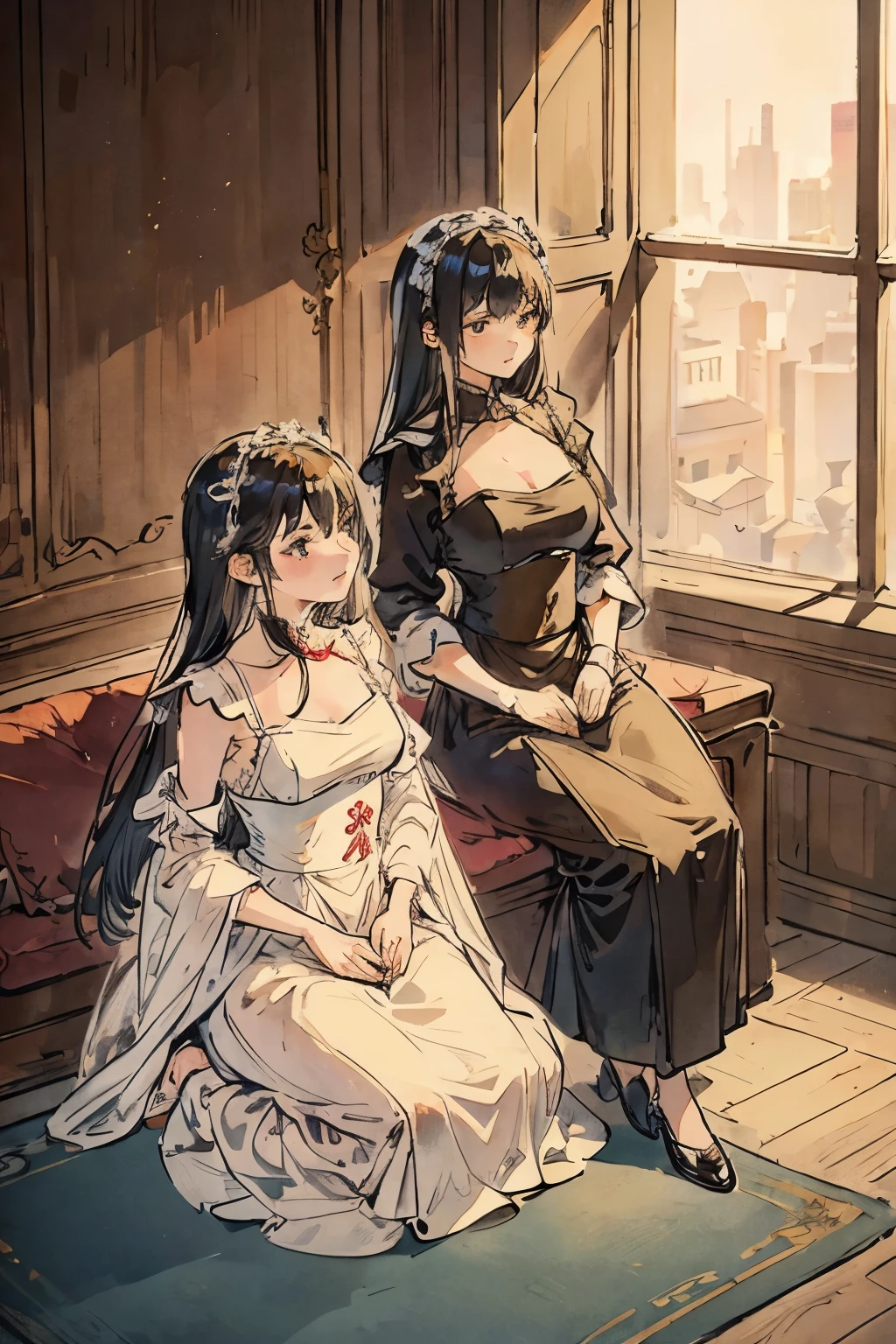 2 girls,Girls in maid outfits and girls in evening dresses,Commoner girls and noble girls,Poor but strong servant working hard,Rich and arrogant hostess enjoys in luxurious armchair,lesbian,Silk gloves,Full body wrapped in silk,Perfect and delicate face,perfectly matched clothes,fine shoes,Fine clothing,A composition that reflects the difference in status between the two girls.,Light reflecting the difference in status between the two girls,The hostess sits high,And the maid kneels low