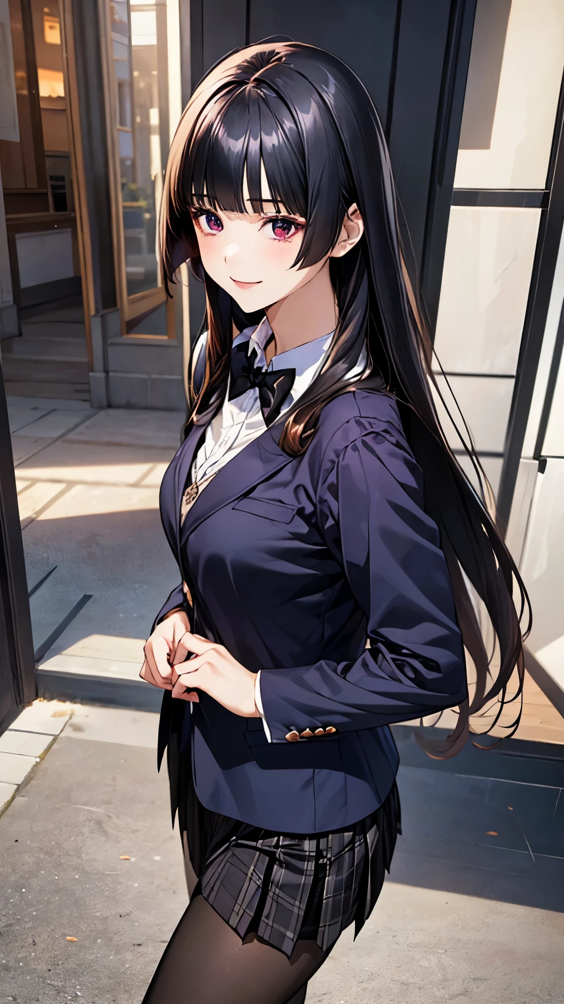 (masterpiece:1.2, top-quality), (realistic, photorealistic:1.4), beautiful illustration, (natural side lighting, movie lighting),
looking down at viewer, from below:1.2, 1 girl, japanese, high school girl, perfect face, cute and symmetrical face, shiny skin, face,
(long hair, hime style, hime cut, black hair), blunt bangs, brown eyes, big eyes, (middle breasts, seductive thighs, big ass),
beautiful hair, beautiful face, beautiful detailed eyes, beautiful clavicle, beautiful body, beautiful chest, beautiful thigh, beautiful legs, beautiful fingers, five fingers,
(((dark purple blazer, close clothes), white collared shirt, black plaid pleated miniskirt, dark red plaid bow tie), black pantyhose),
(beautiful scenery), evening, (shopping mall), walking, (lovly smile, upper eyes),