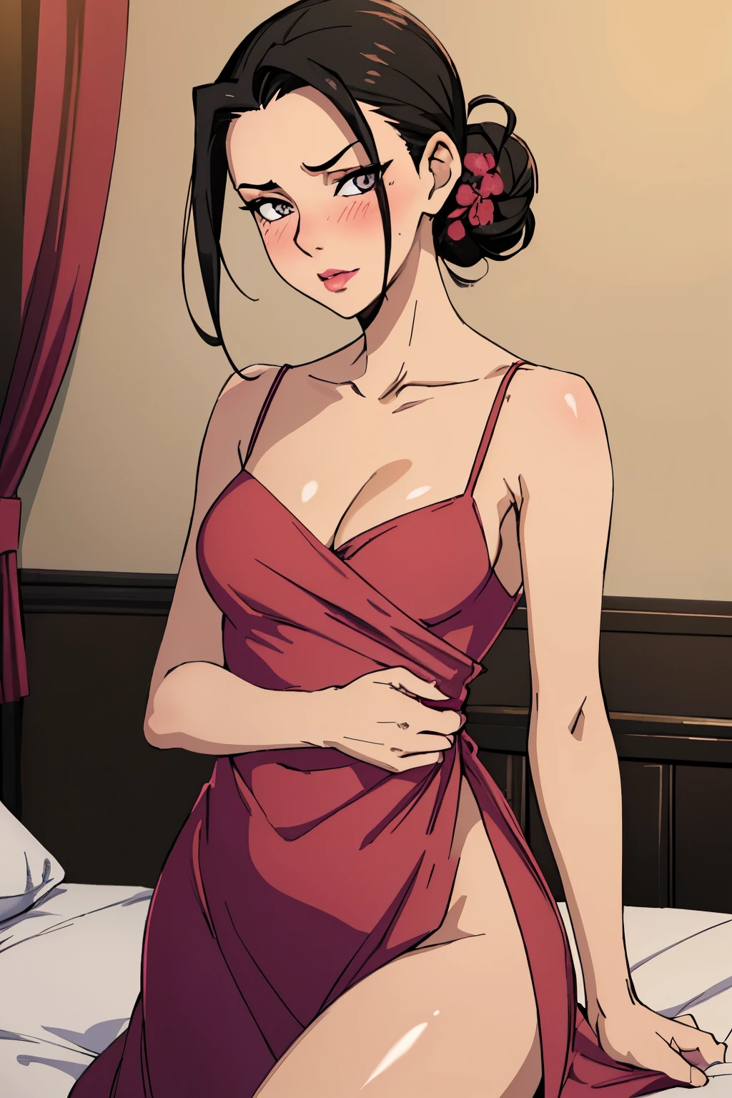 Sexy woman, black hair in a bun, long forehead, seductive eyes, medium nose, perfect pink lips seductively parted, deep blush, flustered, beautiful long neck, collarbone, medium chest, cleavage, long red floral dress, bedroom, stripping, exposing her black bra and bare shoulders