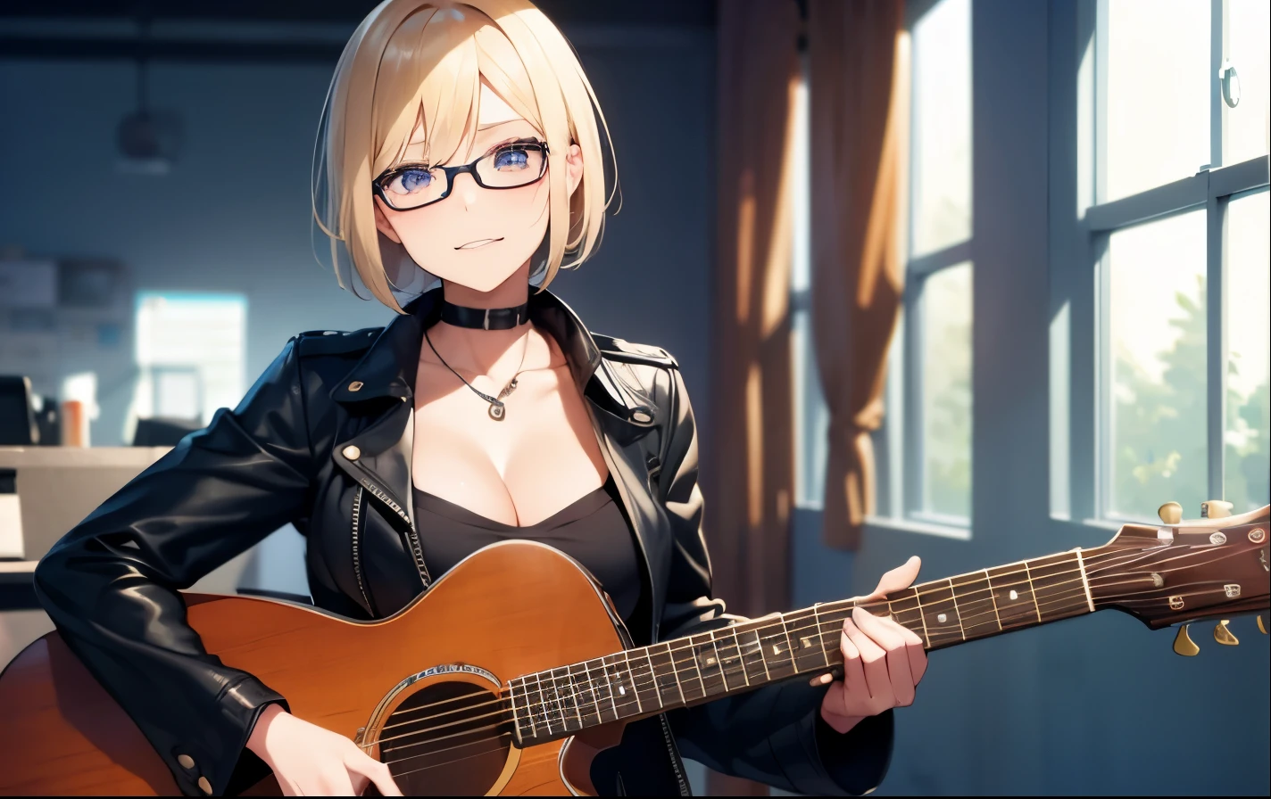 High resolution, 2D anime style,,blue eyes beautiful eyes,high and beautiful nose,thin face,blonde boyish short hair,Cool adult woman,Chest is slightly larger,she looks very happy,biting one's lips, she was very angry, she wears glasses,she narrows her eyes,Punk fashion that shows cleavage,she is wearing a leather jacket and shorts.,have a guitar,I'm playing guitar,In the studio