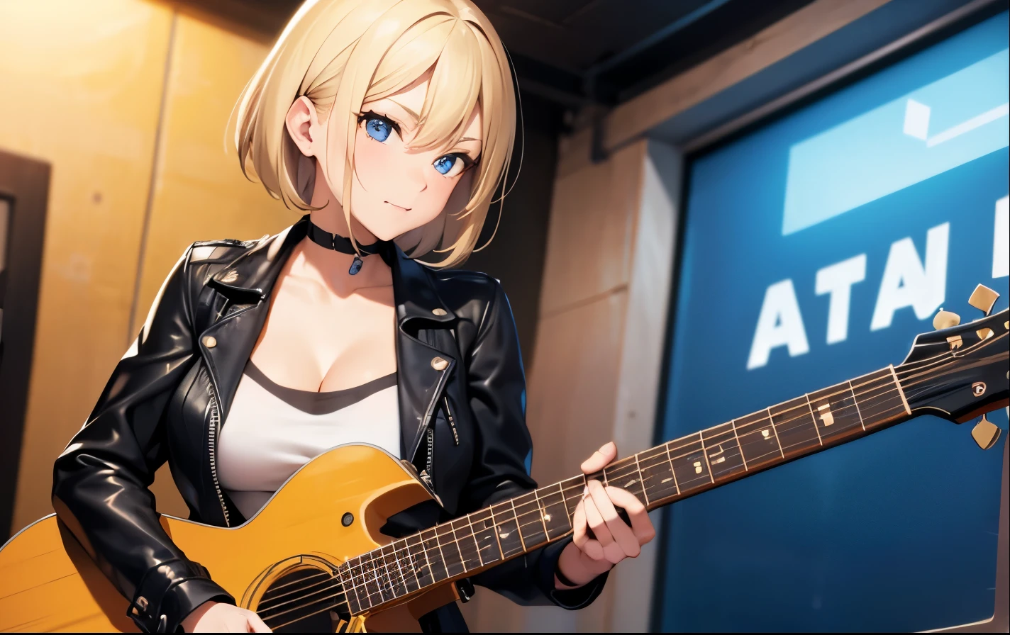 High resolution, 2D anime style,,blue eyes beautiful eyes,high and beautiful nose,thin face,blonde boyish short hair,Cool adult woman,Chest is slightly larger,she looks very happy,biting one's lips, she was very angry, she narrows her eyes,Punk fashion that shows cleavage,she is wearing a leather jacket and shorts.,have a guitar,I'm playing guitar,In the studio