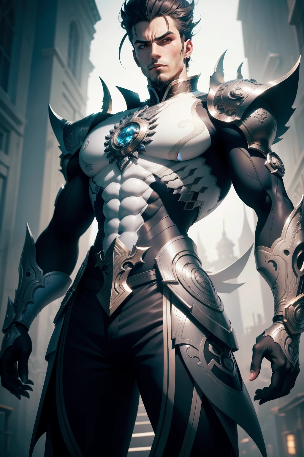 um close-up frontal de um homem com uma roupa preta e branca, 8k arte detalhada de alta qualidade, arte de anime digital detalhada, cute biomechanical Djinn, Keqing por Genshin Impact, intrincado estilo de anime cgi ornamentado, fanart requintada altamente detalhada, epic exquisite character art, estilo cara, arte detalhada de personagem de anime, anime foda 8k, arte detalhada de anime