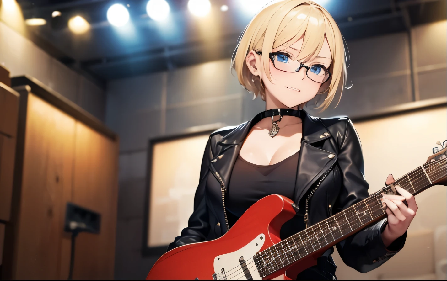 High resolution, 2D anime style,,blue eyes beautiful eyes,high and beautiful nose,thin face,blonde boyish short hair,Cool adult woman,Chest is slightly larger,she looks very happy,biting one's lips, she was very angry, she wears glasses,she narrows her eyes,Punk fashion that shows cleavage,she is wearing a leather jacket and shorts.,have a guitar,I'm playing guitar,In the studio
