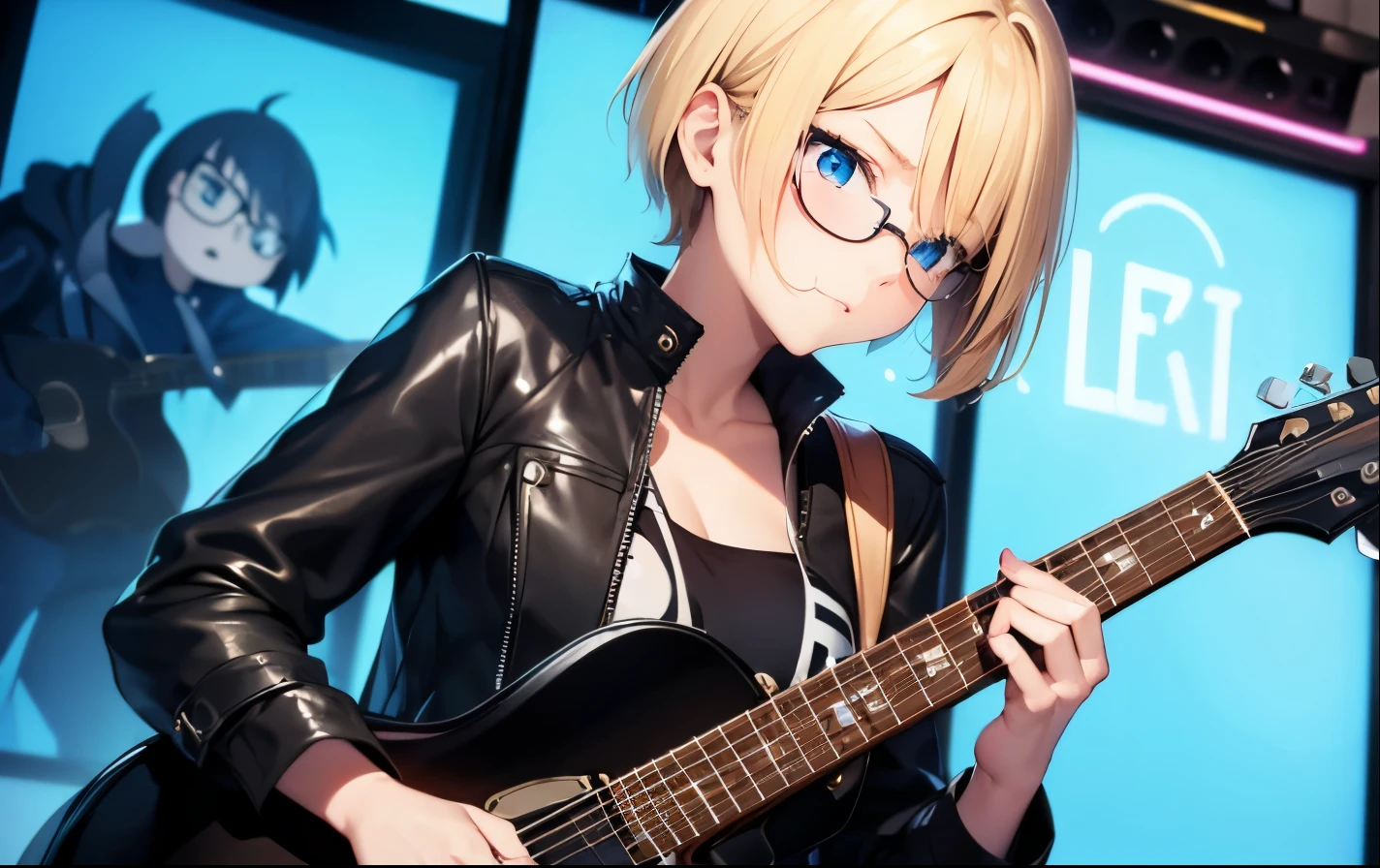 High resolution, 2D anime style,,blue eyes beautiful eyes,high and beautiful nose,thin face,blonde boyish short hair,Cool adult woman,chest is a little big,She looks very happy,bite&#39;lips, she was very angry, she wears glasses,she narrows her eyes,Punk fashion that shows cleavage,she is wearing a leather jacket and shorts.,have a guitar,i play the guitar,sing,Inside the studio
