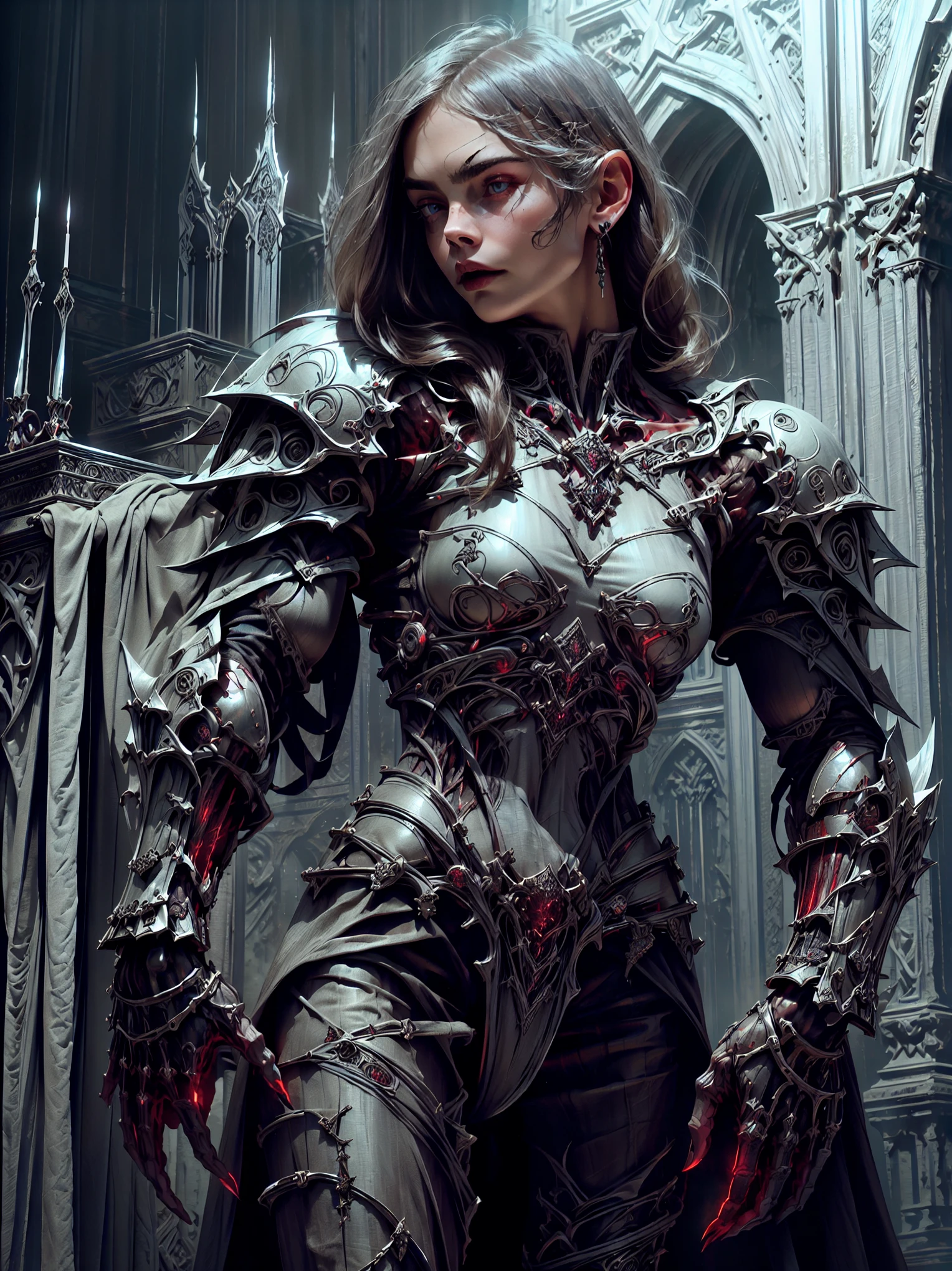 (1 girl), (cara delevingne:1.25), (pure white skin:1.25), Beautiful vampire girl dressed in ornate medieval vampiric full body armor, (perfect fingers:1.24), (extreme muscular definition:1.5), (vampiric body armor:1.25), (huge muscular arms:1.5,) (10-pack abs:1.4), (lots of veins:1.25), Ultra Realistic, Very detailed face and eyes, a true masterpiece, with an atmosphere of horror, gothica, blood, haunted cathedrals