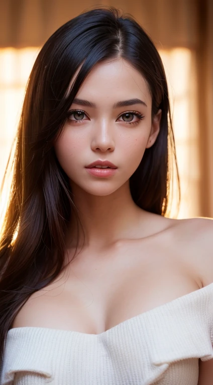 1 girl, Super cute, wonderful face and eyes, (Highly detailed beautiful face), (Ultra realistic), (highly detailed eyes, highly detailed hair, highly detailed face, Highly detailed plump lips), naked, (off shoulder), chest, Upper body, Search Smile, (highest quality:1.4), RAW photo, (realistic, photo-realistic:1.37), professional photography, cinematic light,
