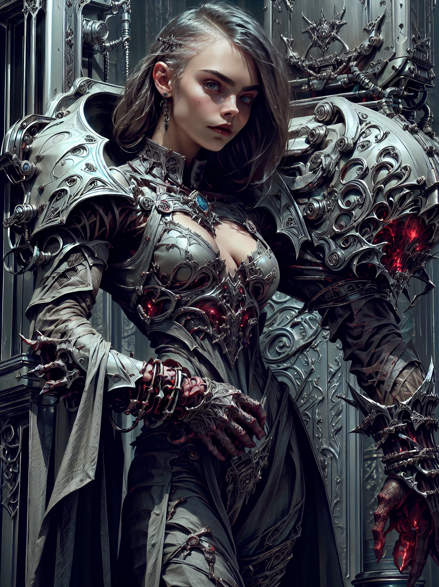 (1 girl), (cara delevingne:1.25), (pure white skin:1.25), Beautiful vampire girl dressed in ornate medieval vampiric full body armor, (perfect fingers:1.24), (extreme muscular definition:1.5), (vampiric body armor:1.25), (huge muscular arms:1.5,) (10-pack abs:1.4), (lots of veins:1.25), Ultra Realistic, Very detailed face and eyes, a true masterpiece, with an atmosphere of horror, gothica, blood, haunted cathedrals