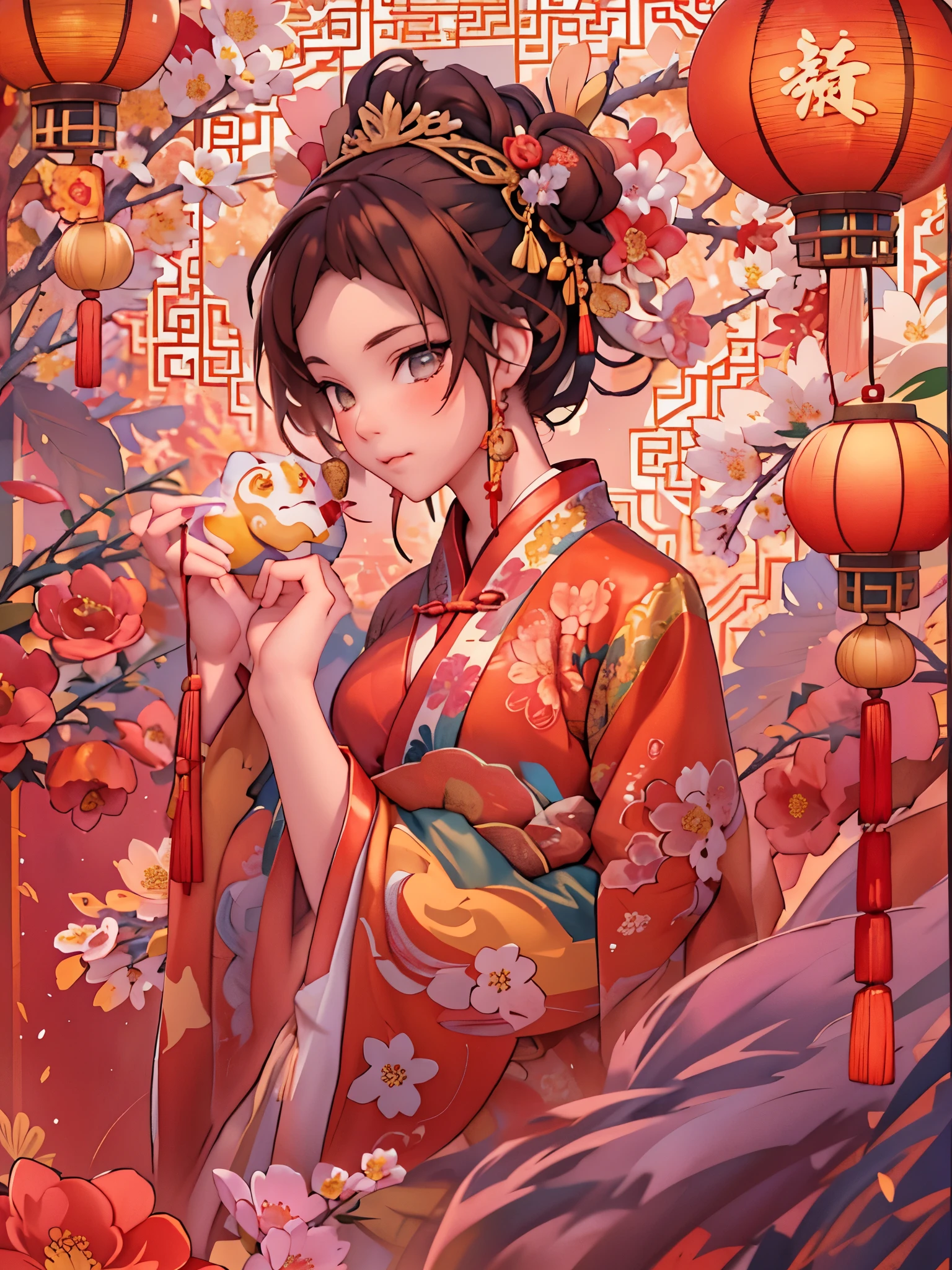 （masterpiece，quality，Best quality，official art，Beauty and aesthetics：1.2），（1 cute girl：1.3），The content is very detailed，alone，CNY,（fractal art：1.1），（a color：1.1）（blooming flowers：1.3），most detailed，（ tangled:1.2), (dynamic poses), (abstract background:1.3), (Chinese fabric:1.2), Hanfu，(skin glowing), (Many colors:1.4), Decorative painting：1.6，），brown hair,hair accessories, light,ink画和ink画，ink，Double tail,Chinese clothes,red background,Big red lanterns hung high，Holding a wishful ornament，