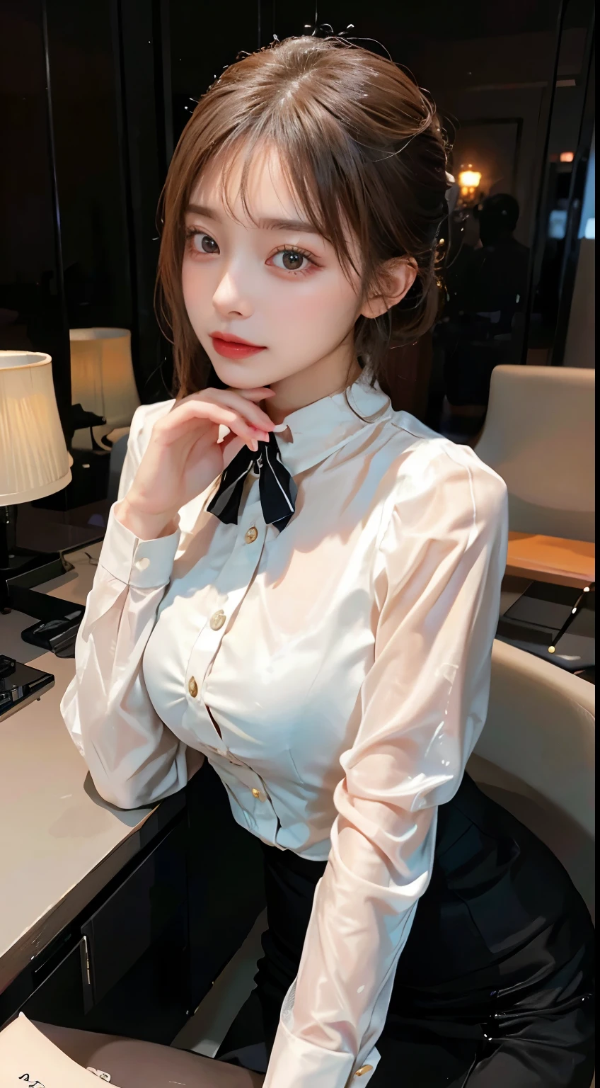 In a professional office setting, a woman embodies the efficiency and sophistication of a secretary in a polished and modest ensemble. Adorned in professional attire, her appearance reflects competence with subtle elegance. The tailored suit and well-coordinated accessories convey a sense of responsibility and organization. With modest coverage, she captures the enduring grace of a woman in a tasteful secretary outfit within the professional environment
