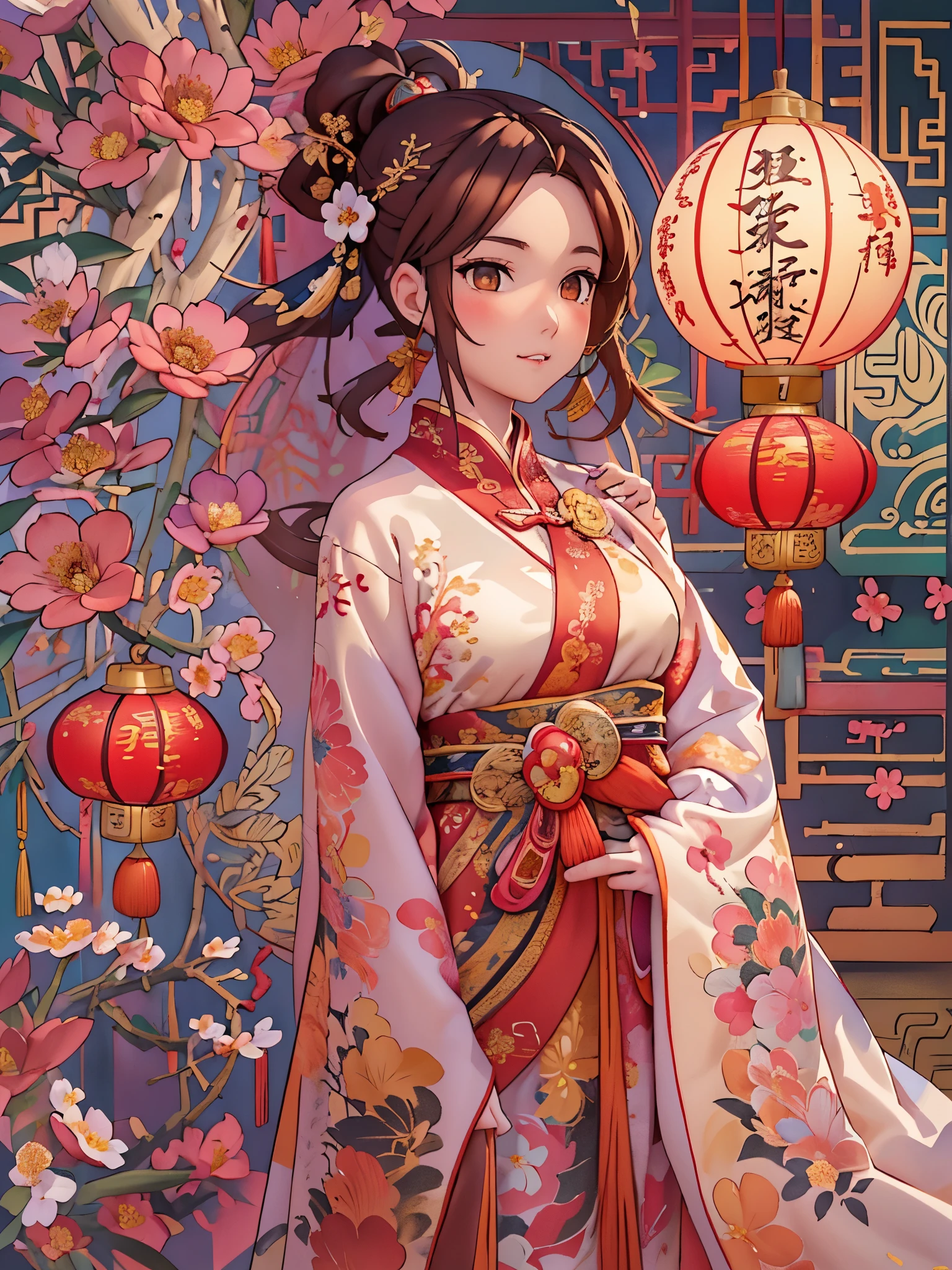 （masterpiece，quality，Best quality，official art，Beauty and aesthetics：1.2），（1 cute girl：1.3），The content is very detailed，alone，CNY,（fractal art：1.1），（a color：1.1）（blooming flowers：1.3），most detailed，（ tangled:1.2), (dynamic poses), (abstract background:1.3), (Chinese fabric:1.2), Hanfu，(skin glowing), (Many colors:1.4), Decorative painting：1.6，），brown hair,hair accessories, light,ink画和ink画，ink，Double tail,Chinese clothes,red background,Big red lanterns hung high，Holding a wishful ornament，