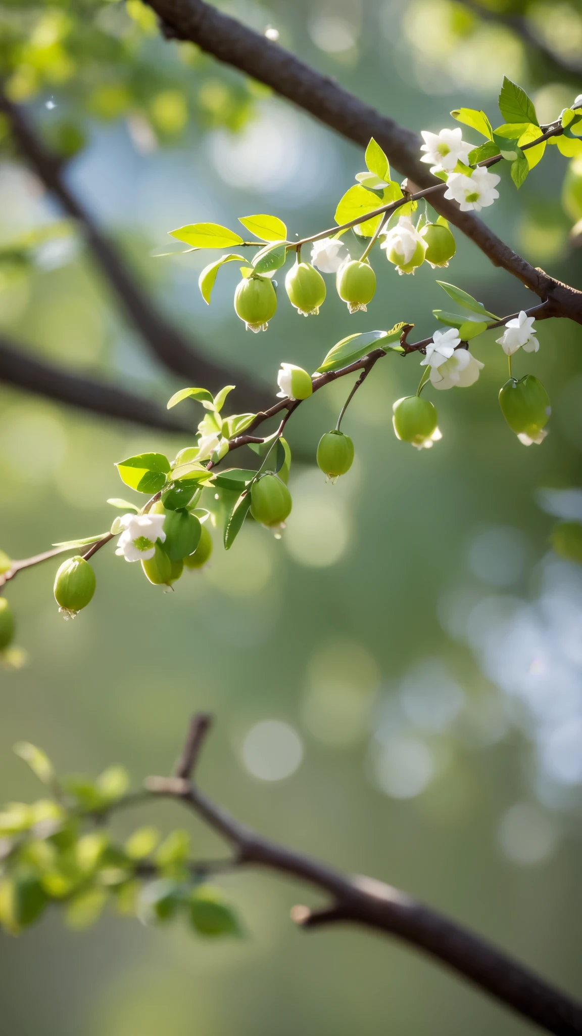 Green buds grew on the branches, Early spring atmosphere, Rebirth, Energetic, Relaxed, depth of field, projected inset, 35mm, Sony FE GM, Luminism, 8k, highres, best quality, high details, high quality, masterpiece