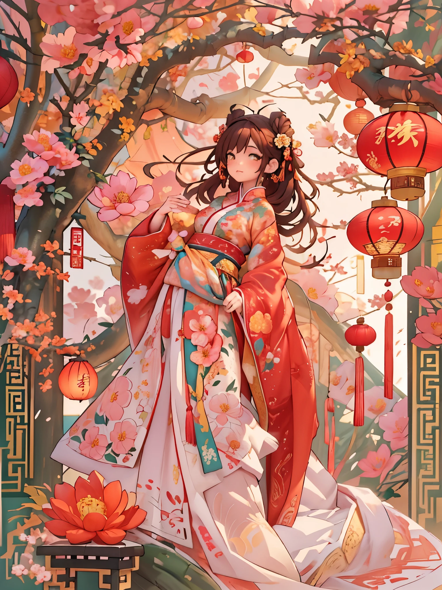 （masterpiece，quality，Best quality，official art，Beauty and aesthetics：1.2），（1 cute girl：1.3），The content is very detailed，alone，CNY,（fractal art：1.1），（a color：1.1）（blooming flowers：1.3），most detailed，（ tangled:1.2), (dynamic poses), (abstract background:1.3), (Chinese fabric:1.2), Hanfu，(skin glowing), (Many colors:1.4), Decorative painting：1.6，），brown hair,hair accessories, light,ink画和ink画，ink，Double tail,Chinese clothes,red background,Big red lanterns hung high，Holding a wishful ornament，