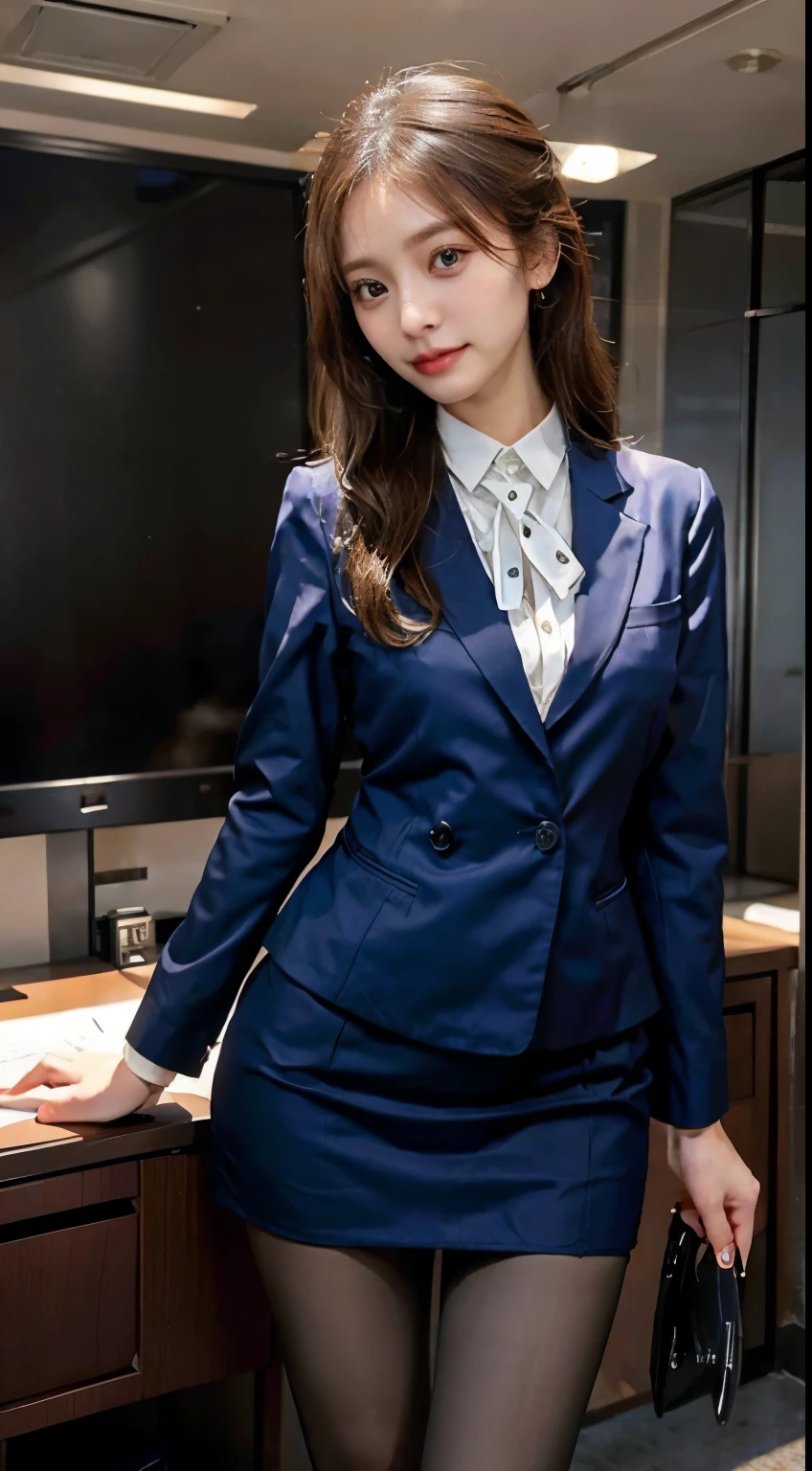 In a professional office setting, a woman embodies the efficiency and sophistication of a secretary in a polished and modest ensemble. Adorned in professional attire, her appearance reflects competence with subtle elegance. The tailored suit and well-coordinated accessories convey a sense of responsibility and organization. With modest coverage, she captures the enduring grace of a woman in a tasteful secretary outfit within the professional environment
