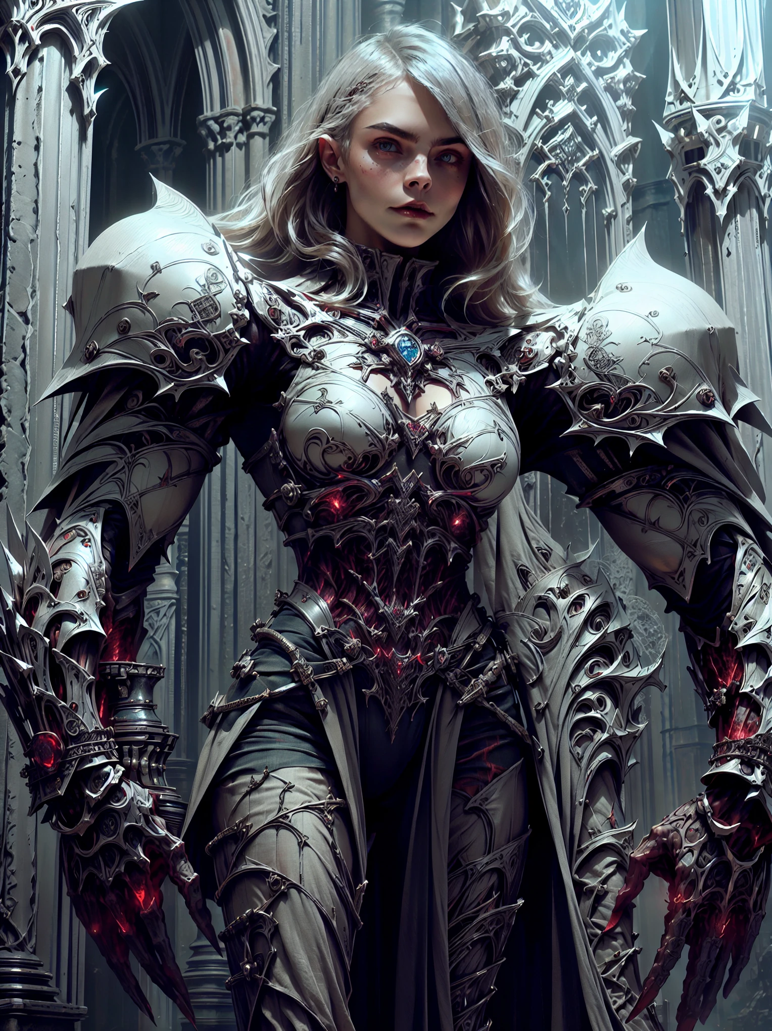 (1 girl), (cara delevingne:1.25), (pure white skin:1.25), Beautiful vampire girl dressed in ornate medieval vampiric full body armor, (perfect fingers:1.24), (extreme muscular definition:1.5), (vampiric body armor:1.25), (huge muscular arms:1.5,) (10-pack abs:1.4), (lots of veins:1.25), Ultra Realistic, Very detailed face and eyes, a true masterpiece, with an atmosphere of horror, gothica, blood, haunted cathedrals