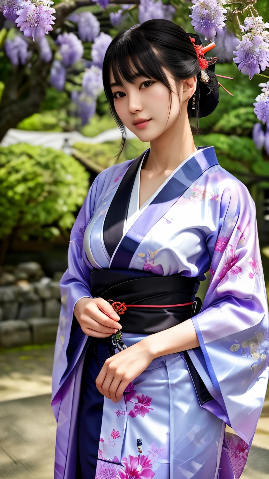 最high quality、high quality、best image quality、8K、最High resolution、High resolution、最high quality、masterpiece、Realistic human body with detailed details、Realistic skin in every detail、Realistic face in every detail、Realistic eyes in every detail、Realistic lips in every detail、Realistic teeth in every detail、Realistic ears with attention to detail、Realistic hair with detailed details、Realistic arms with attention to detail、Realistic hands with attention to detail、Realistic fingers with attention to detail、(fine hands、thumb1reference4)、Realistic legs with attention to detail、Realistic feet with attention to detail、((beautiful japanese girl))、(japanese model), (japanese woman)、((18 year old beautiful girl))、(black hair)、(straight hair)、((whole body))、((Upward beautiful breasts、Medium chest))、(slim style、slender style)、(whole body光沢肌、Fair skin)、Detailed and realistic human body、detailed realistic skin、detailed realistic face、detailed realistic arms、Detailed realistic fingers、Detailed realistic feet、soft natural light、samurai kimono、maiko kimono、servant、geisha kimono、japanese kimono、Furisode、kimono、Yukata、japanese traditional、Samurai Residence、Japanese garden、((colorful transparent see-through(flowery kimono、Hakama with side slits))、((Under the wisteria tree in full bloom(Poses that make your thighs look sexy))