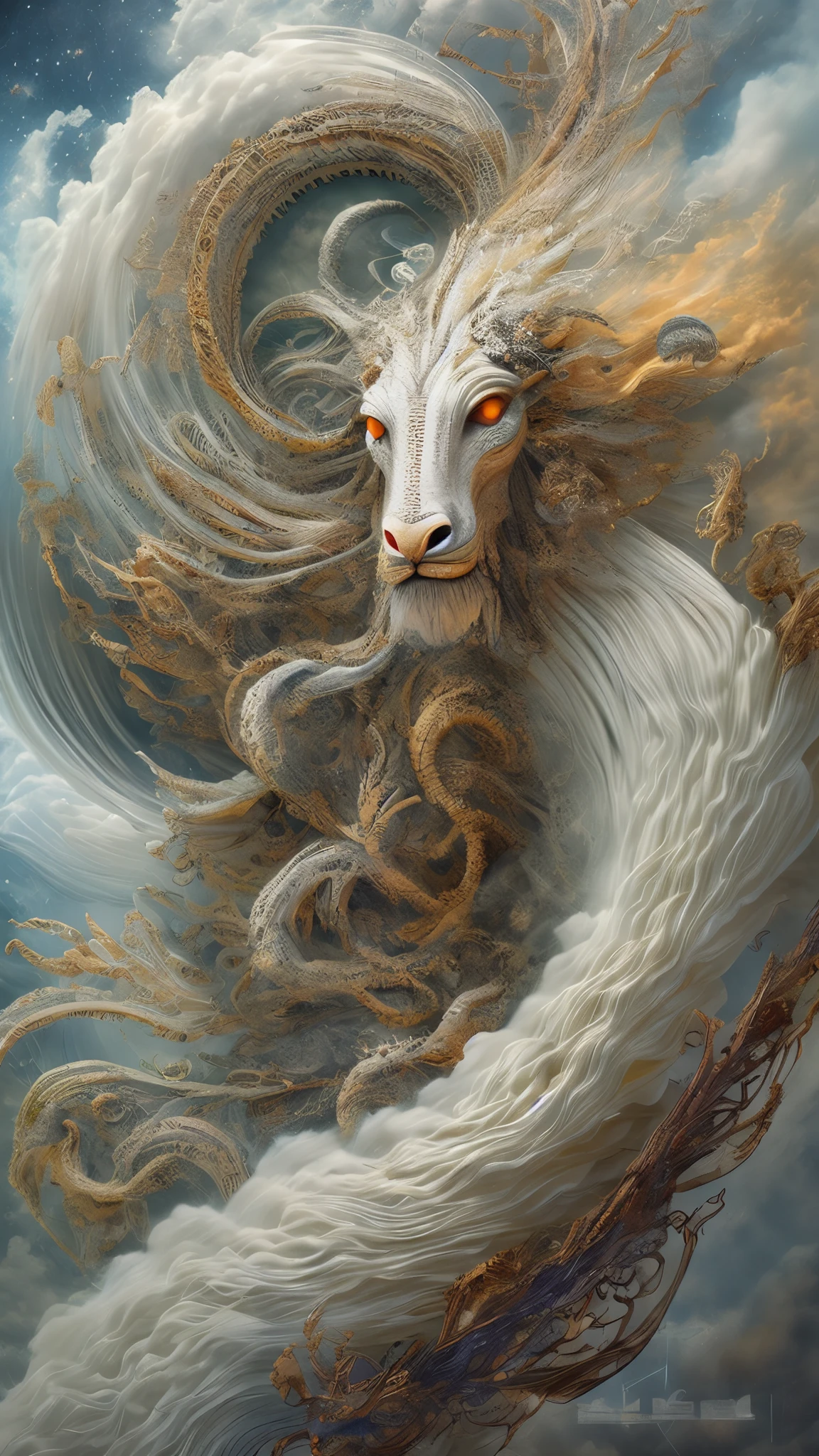 A celestial drama unfolded in the ethereal heavens as thick clouds formed an awe-inspiring spectacle. The billows weaved together, creating a wondrous creature of mythical lore. This captivating manifestation has become popular on Artstation, depicted with precise brushstrokes. The studio portrait reveals unrivaled intricacy and breathtaking detail. The creation is adorned with minuscule intricacies that are indescribable.