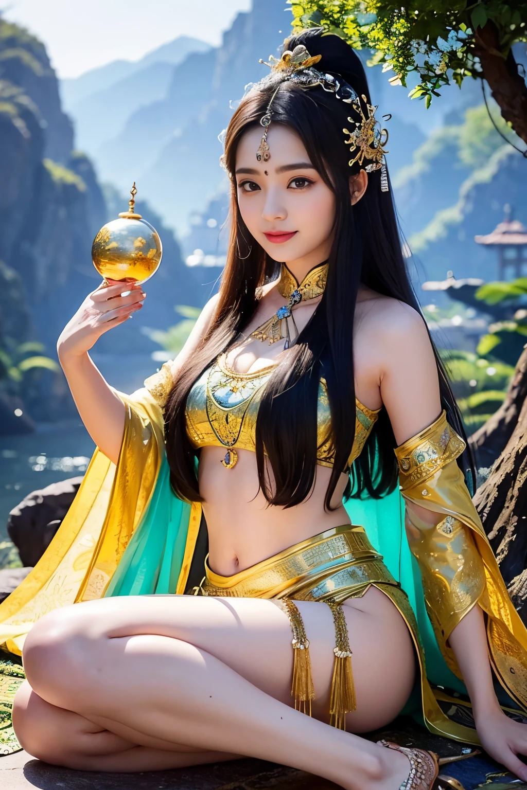 Imagine a realm where the grandeur of Hindu mythology merges with mesmerizing magic, It is inhabited by creatures with both fairy-like delicacy and anthropomorphic animal charm. This enchanting universe is、Reflects the ancient beauty of the Chinese landscape. A smile、25 years old 1girl