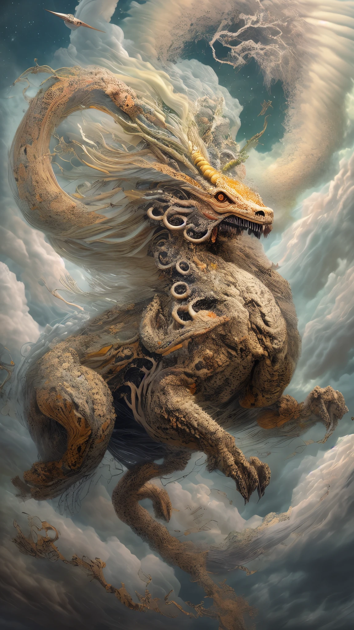 A celestial drama unfolded in the ethereal heavens as thick clouds formed an awe-inspiring spectacle. The billows weaved together, creating a wondrous creature of mythical lore. This captivating manifestation has become popular on Artstation, depicted with precise brushstrokes. The studio portrait reveals unrivaled intricacy and breathtaking detail. The creation is adorned with minuscule intricacies that are indescribable.
