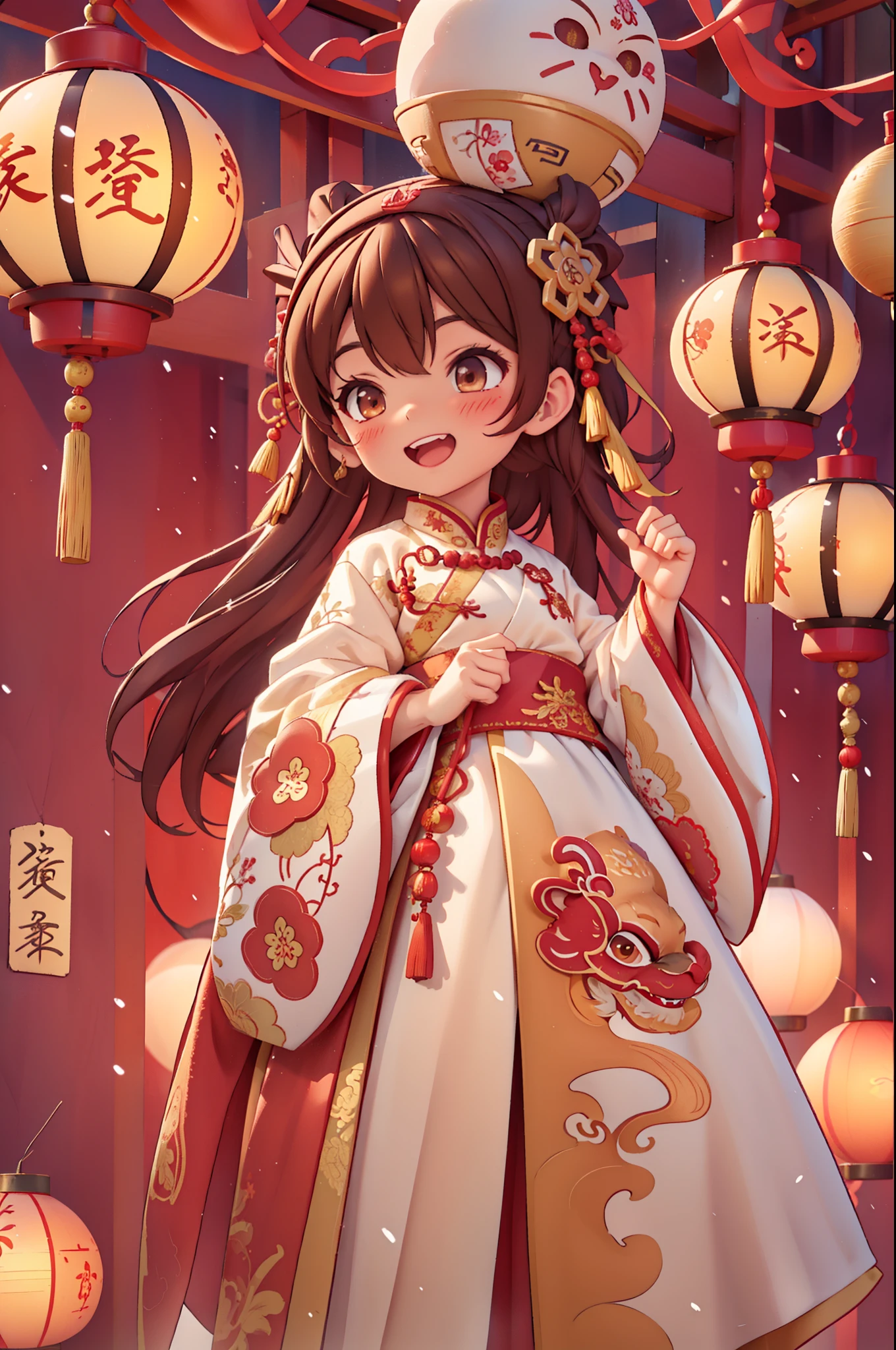 8k,original photo,(masterpiece:1.2),alone,Super detailed,Extremely detailed CG 8k wallpaper,incubation (texture),CNY,1 girl,alone,Wear traditional Chinese clothing to welcome the winter solstice festival, long hair,looking at the audience,blush,Smile,open mouth,simple background,brown hair,hair accessories,Hanfu，long sleeves,skirt,Double tail,brown eyes,Raise your hand,low Double tail,Chinese clothes,red background,Big red lanterns hung high，Holding a wishful ornament，