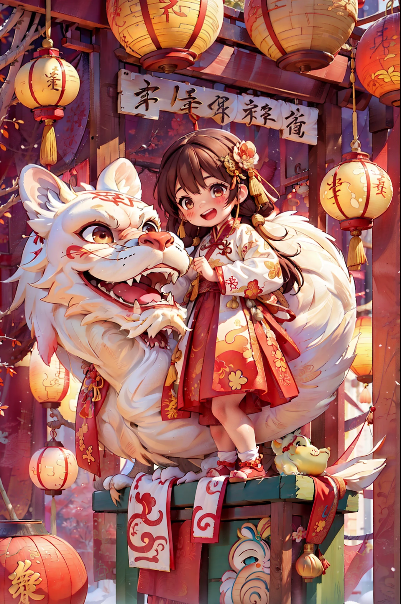 8k,original photo,(masterpiece:1.2),alone,Super detailed,Extremely detailed CG 8k wallpaper,incubation (texture),CNY,1 girl,alone,Wear traditional Chinese clothing to welcome the winter solstice festival, long hair,looking at the audience,blush,Smile,open mouth,simple background,brown hair,hair accessories,Hanfu，long sleeves,skirt,Double tail,brown eyes,Raise your hand,low Double tail,Chinese clothes,red background,Big red lanterns hung high，Holding a wishful ornament，