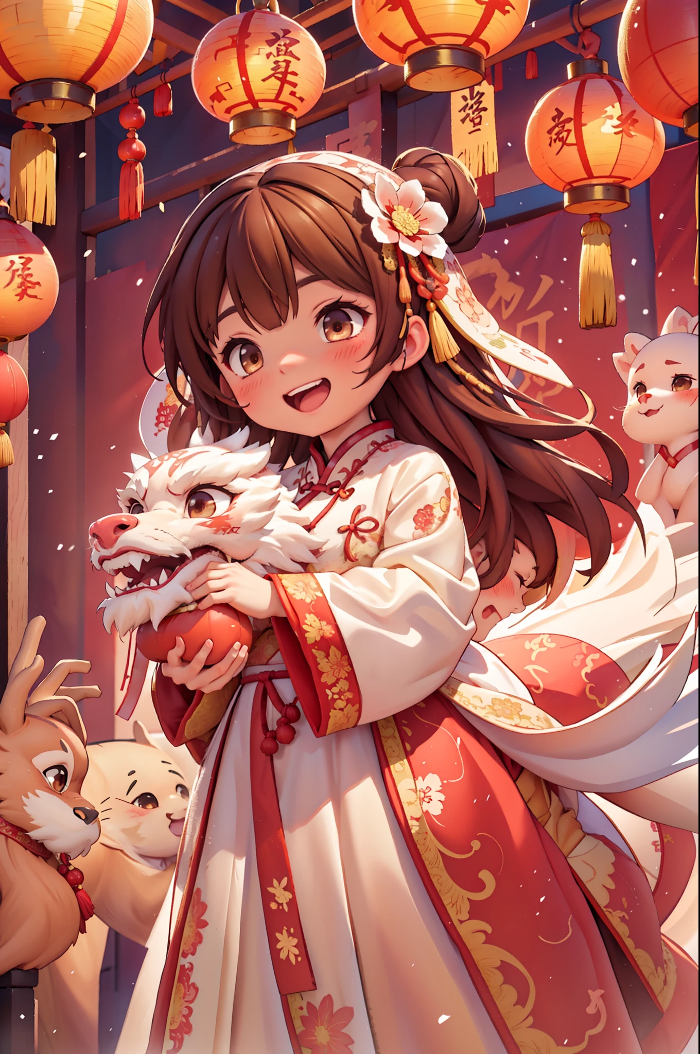 8k,original photo,(masterpiece:1.2),alone,Super detailed,Extremely detailed CG 8k wallpaper,incubation (texture),CNY,1 girl,alone,Wear traditional Chinese clothing to welcome the winter solstice festival, long hair,looking at the audience,blush,Smile,open mouth,simple background,brown hair,hair accessories,Hanfu，long sleeves,skirt,Double tail,brown eyes,Raise your hand,low Double tail,Chinese clothes,red background,Big red lanterns hung high，Holding a wishful ornament，