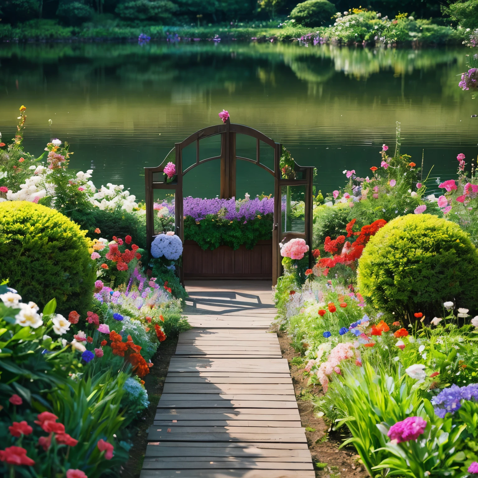 Dream world　flower garden　door in the middle　nature　lake　
