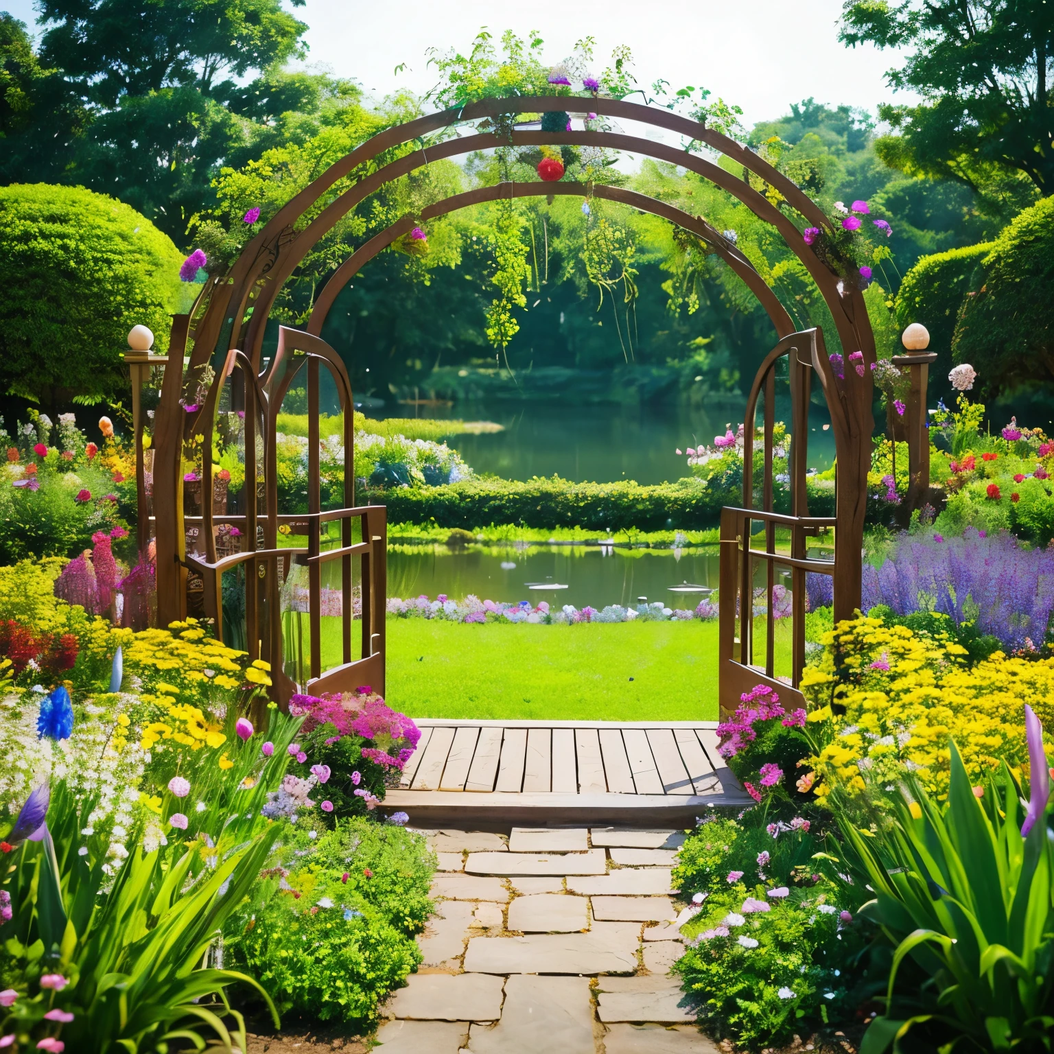 Dream world flower garden door in the middle nature lake