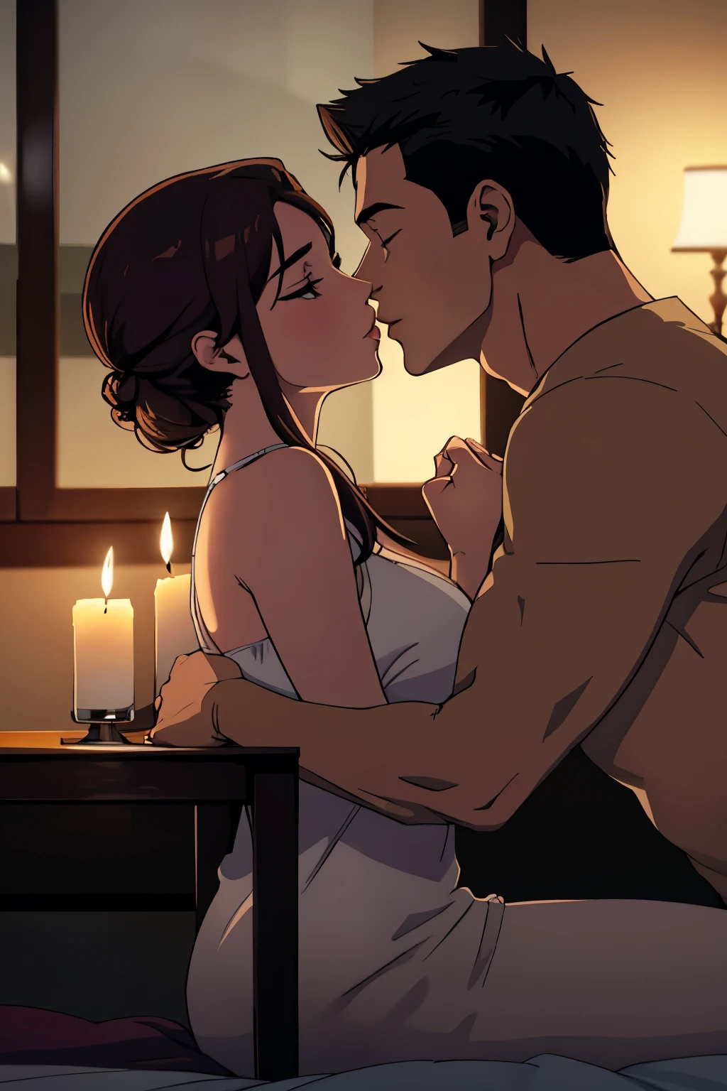 Boy and woman, beautiful woman, kissing each other with passion, in a bedroom, bright room, candles lit, night time,