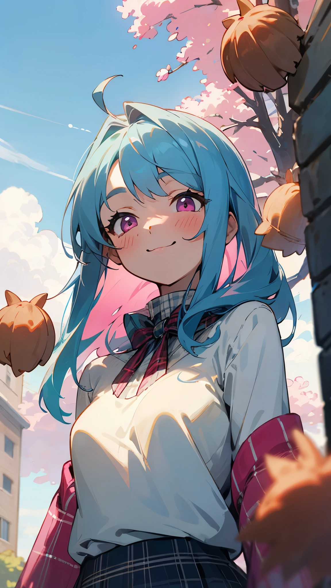 16 year old girl、light blue hair、pink eyes、smile、blush、small breasts、large amount of acorns、White blouse shirt、plaid skirt、knitwear、medium breasts、（colorful）、cowboy shot、from below、outdoor、morning、cloud、high buildings in the background、sidewalk、upper body close-up