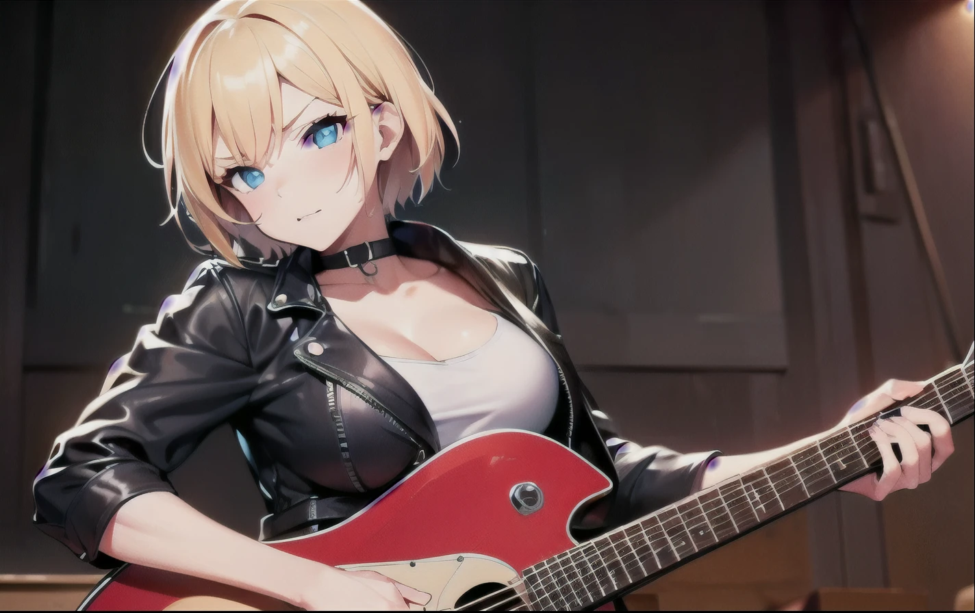 High resolution, 2D anime style,,blue eyes beautiful eyes,high and beautiful nose,thin face,blonde boyish short hair,Cool adult woman,Chest is slightly larger,she looks very happy,biting one's lips, she was very angry, she narrows her eyes,Punk fashion that shows cleavage,she is wearing a leather jacket and shorts.,have a guitar,I'm playing guitar,In the studio