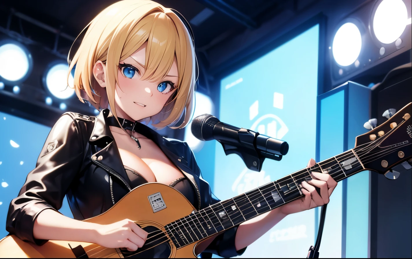 High resolution, 2D anime style,,blue eyes beautiful eyes,high and beautiful nose,thin face,blonde boyish short hair,Cool adult woman,Chest is slightly larger,she looks very happy,biting one&#39;s lips, she was very angry, she narrows her eyes,Punk fashion that shows cleavage,she is wearing a leather jacket and shorts.,have a guitar,I'm playing guitar,Singing,In the studio
