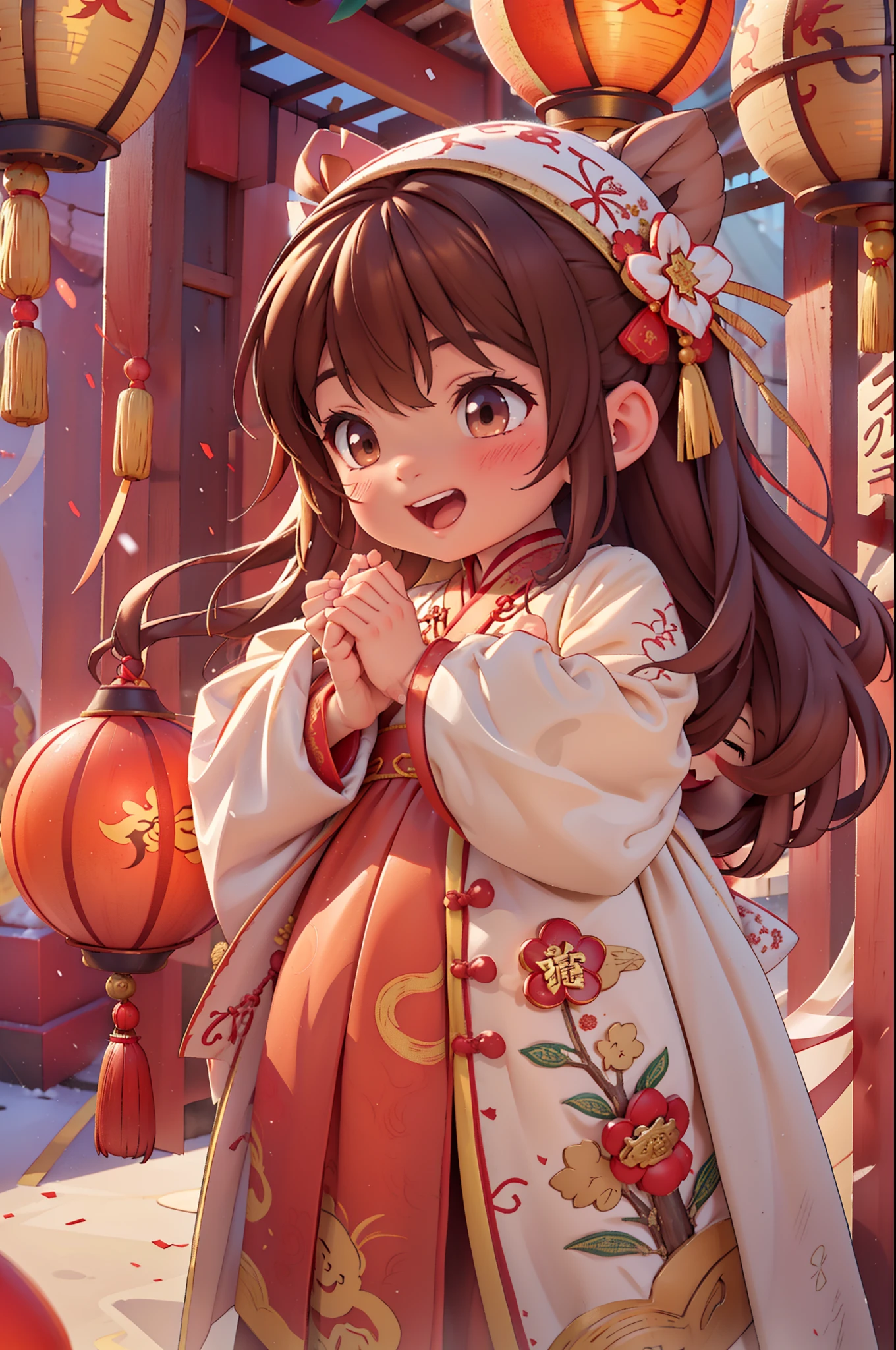 8k,original photo,(masterpiece:1.2),alone,Super detailed,Extremely detailed CG 8k wallpaper,incubation (texture),CNY,1 girl,alone,Wear traditional Chinese clothing to welcome the winter solstice festival, long hair,looking at the audience,blush,Smile,open mouth,simple background,brown hair,hair accessories,Hanfu，long sleeves,skirt,Double tail,brown eyes,Raise your hand,low Double tail,Chinese clothes,red background,Big red lanterns hung high，Holding a wishful ornament，