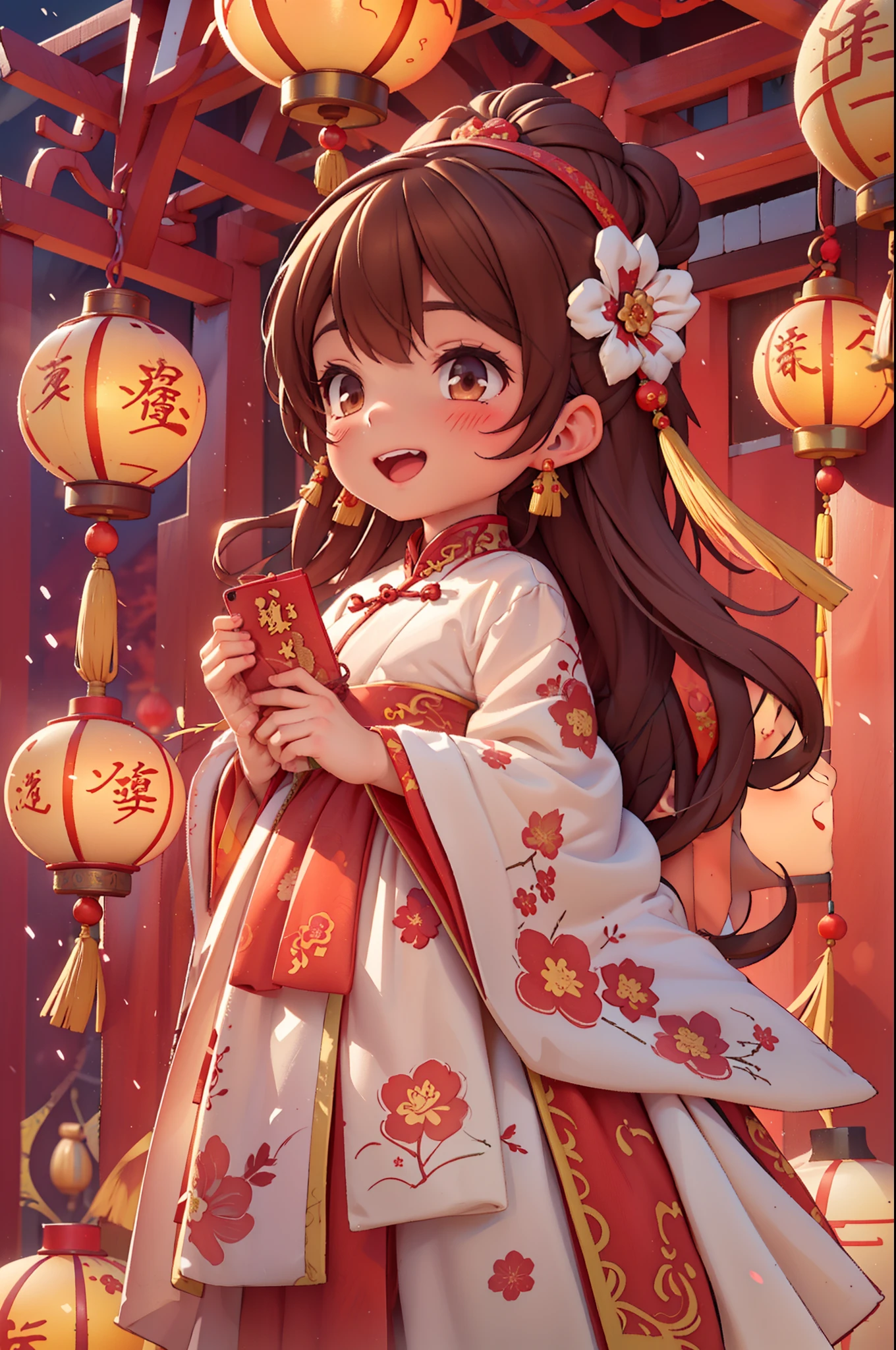 8k,original photo,(masterpiece:1.2),alone,Super detailed,Extremely detailed CG 8k wallpaper,incubation (texture),CNY,1 girl,alone,Wear traditional Chinese clothing to welcome the winter solstice festival, long hair,looking at the audience,blush,Smile,open mouth,simple background,brown hair,hair accessories,Hanfu，long sleeves,skirt,Double tail,brown eyes,Raise your hand,low Double tail,Chinese clothes,red background,Big red lanterns hung high，Holding a wishful ornament，